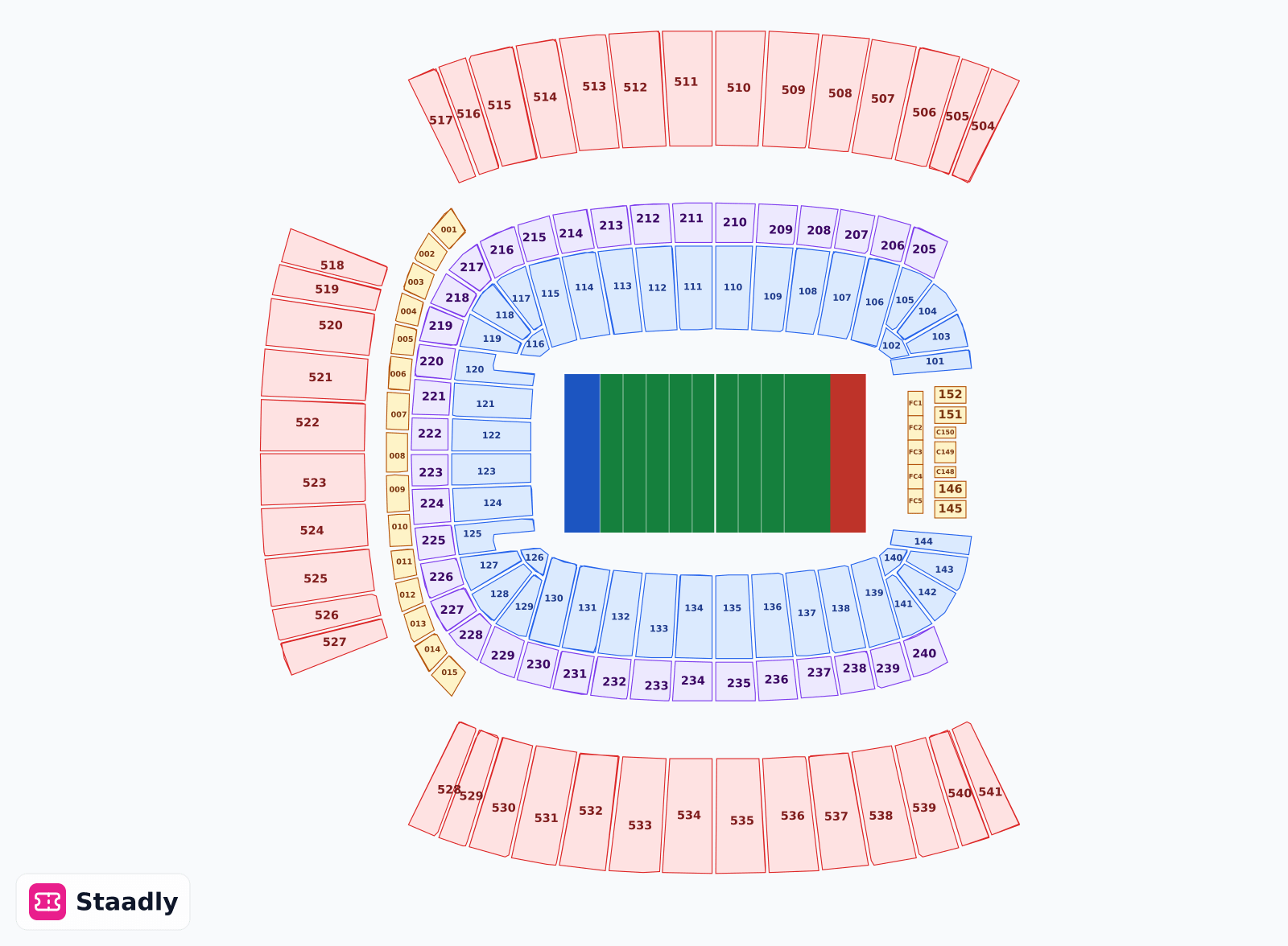 Acrisure Stadium seat layout and seating plan — colored sections, stands and tiers (Pittsburgh)