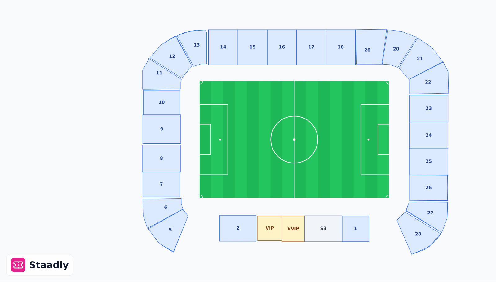 Al Maktoum Stadium seat layout and seating plan — colored sections, stands and tiers (Dubai)