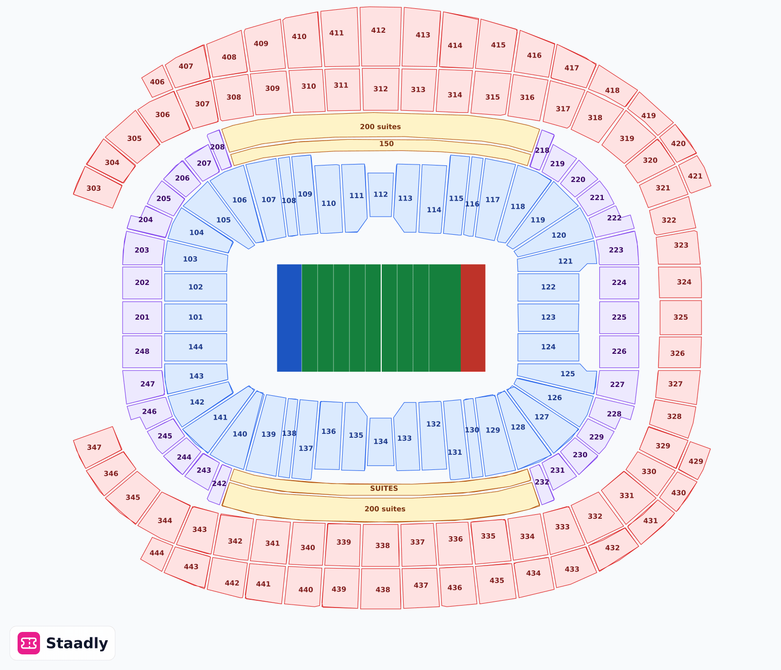 Allegiant Stadium seat layout and seating plan — colored sections, stands and tiers (Nevada)