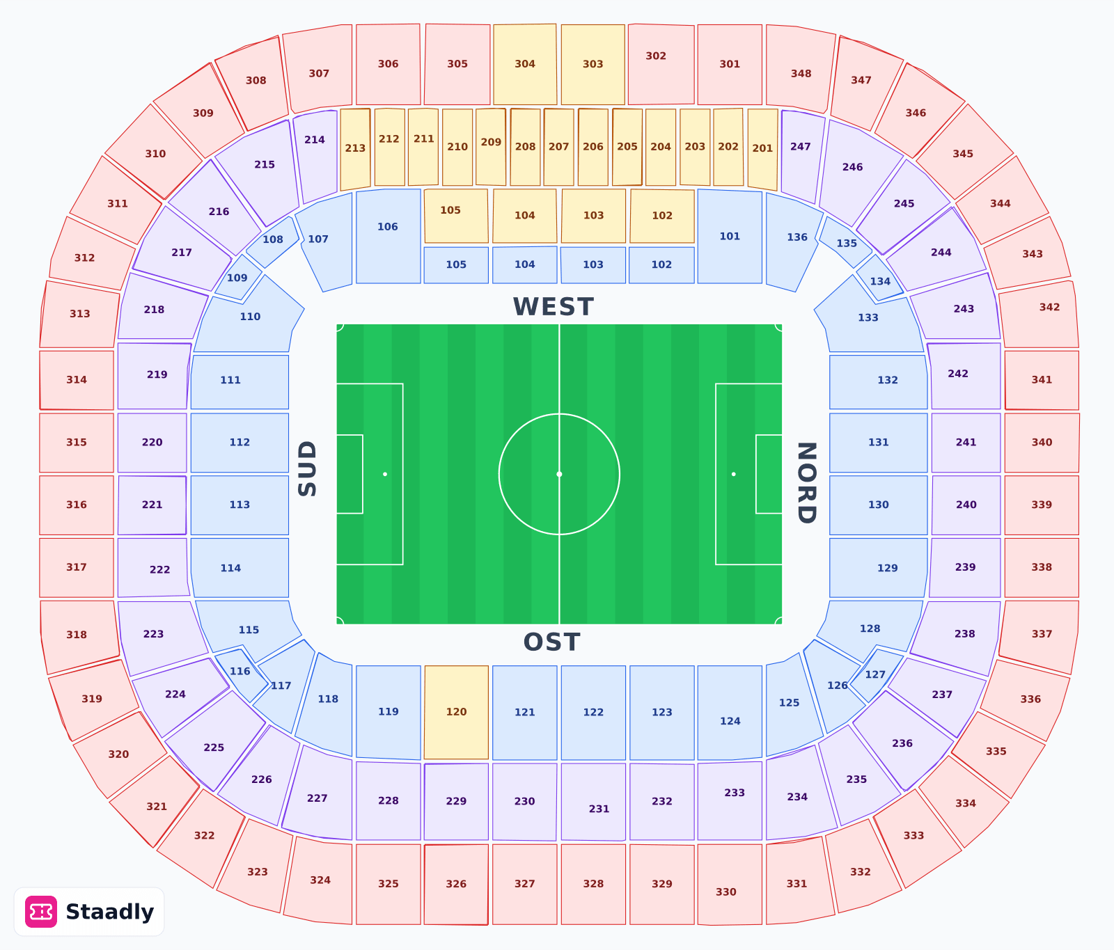 Allianz Arena seat layout and seating plan — colored sections, stands and tiers (Munich)