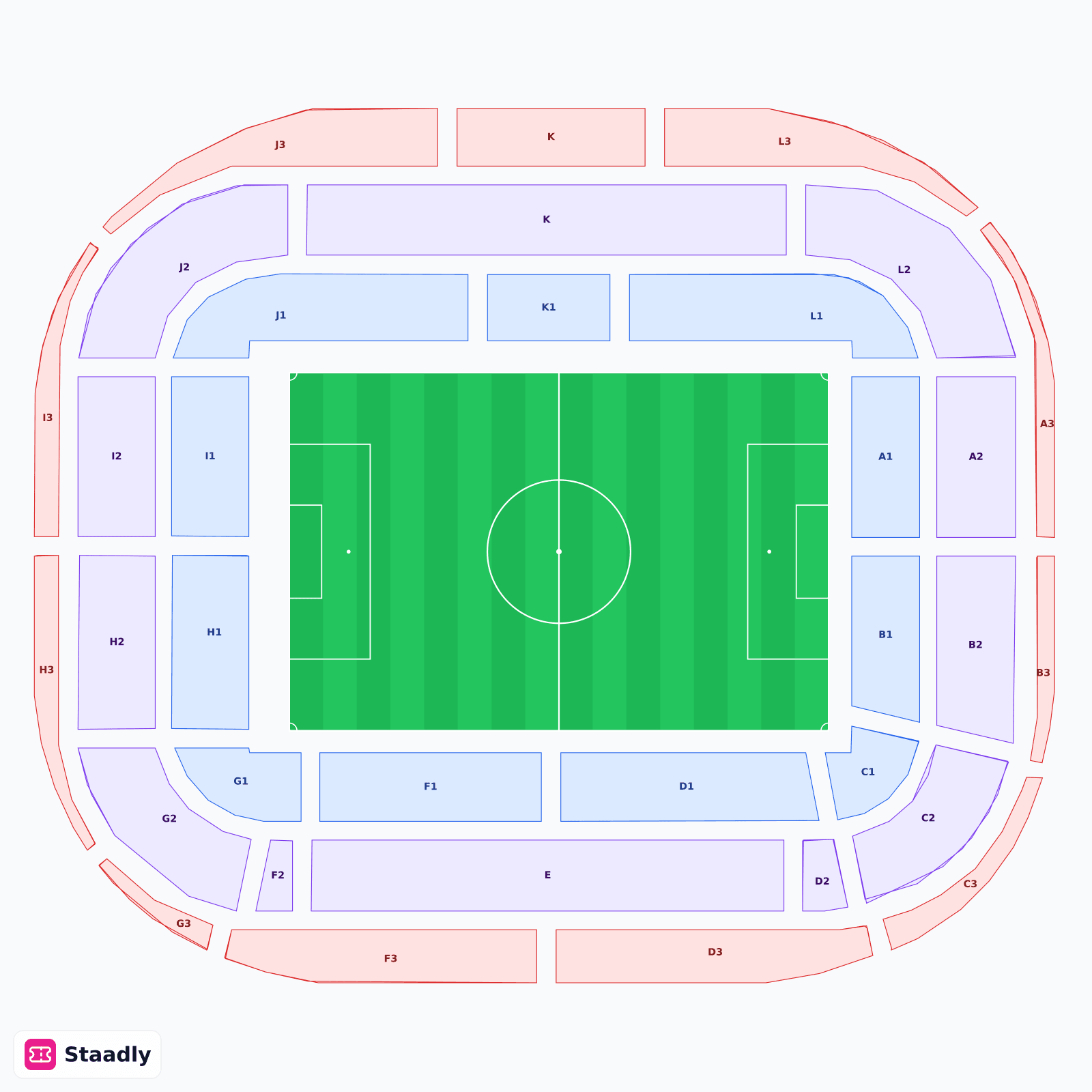 Allianz Riviera seat layout and seating plan — colored sections, stands and tiers (Nice)
