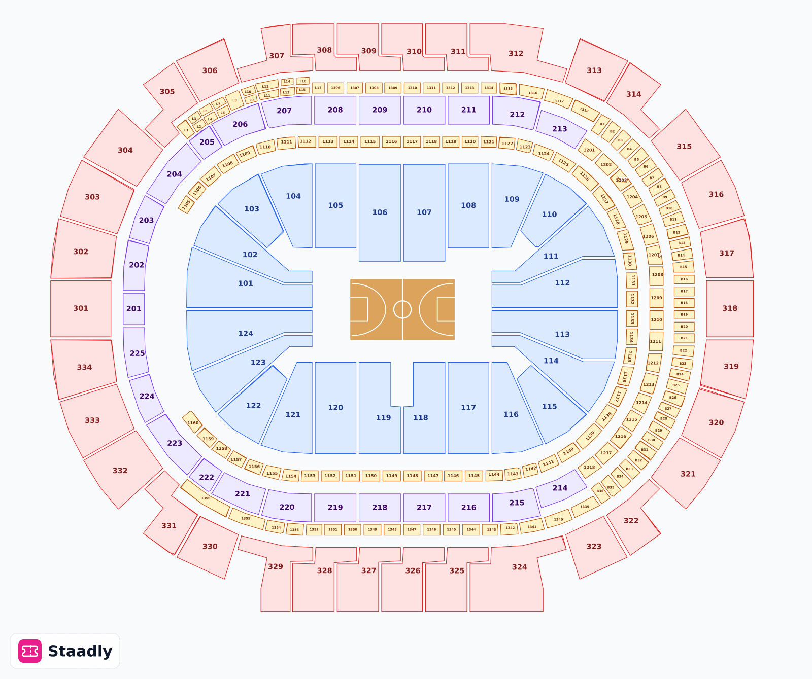 American Airlines Center seat layout and seating plan — colored sections, stands and tiers (Dallas)