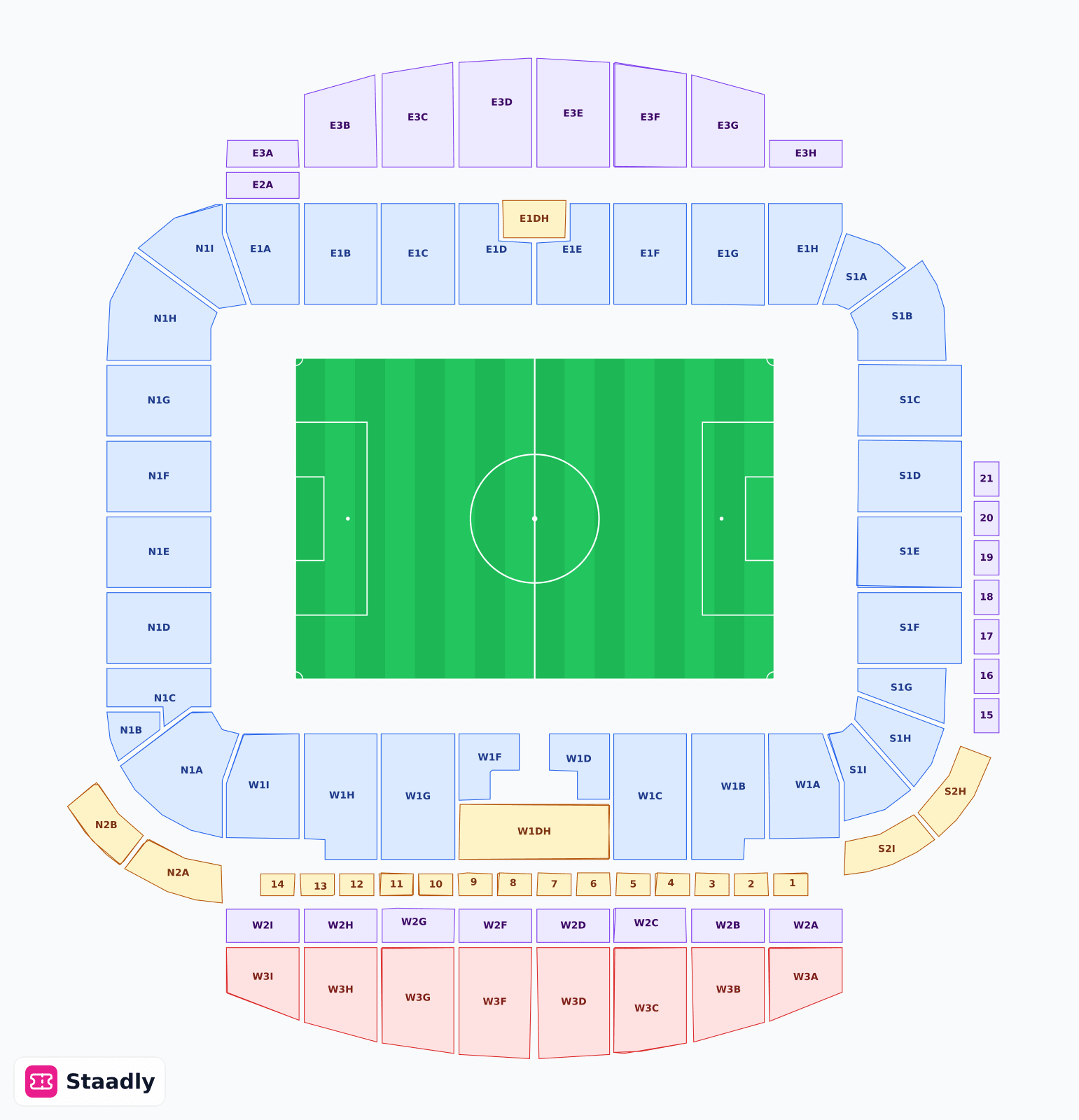 AMERICAN EXPRESS STADIUM seat layout and seating plan — colored sections, stands and tiers (BRIGHTON)