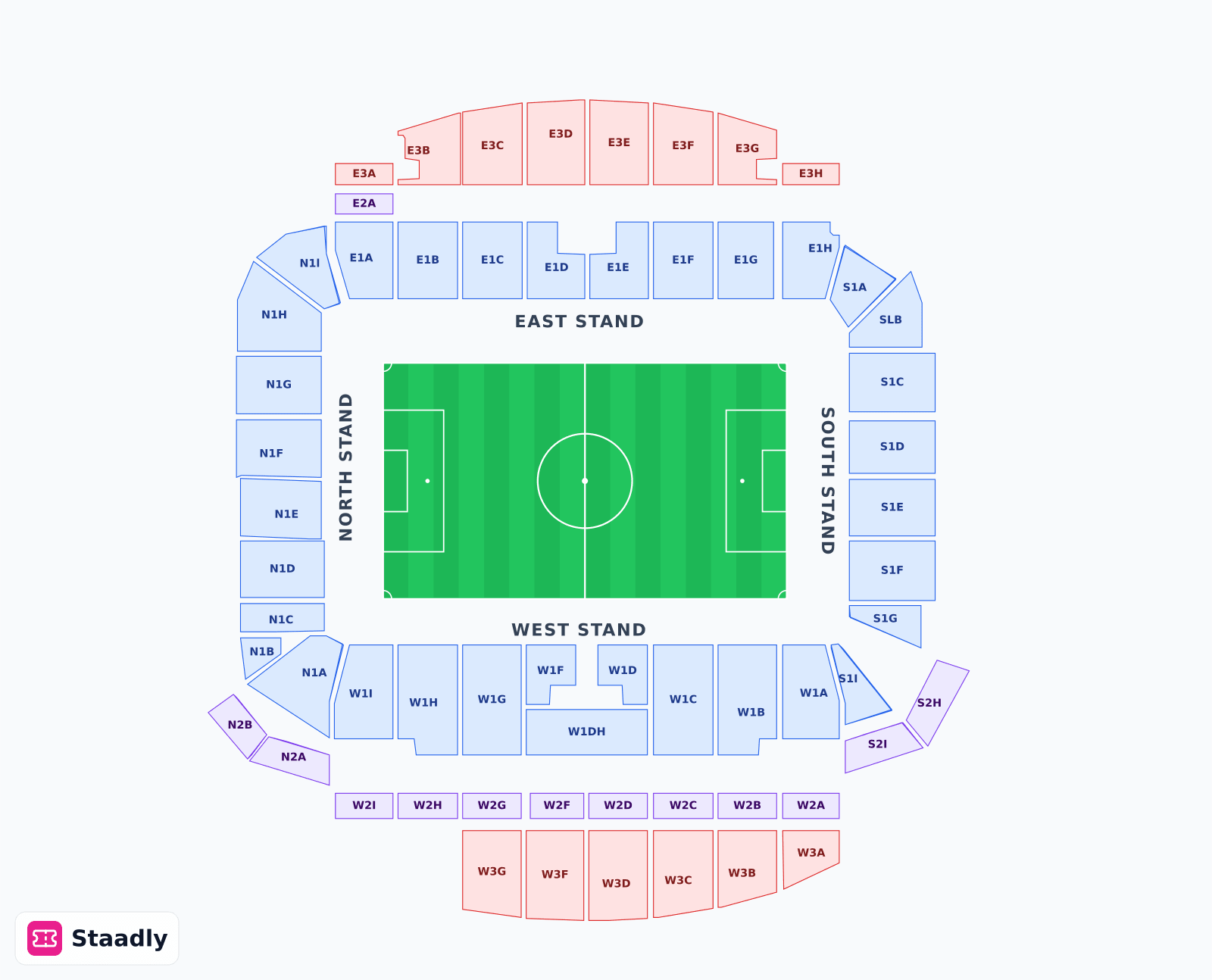 Amex Stadium seat layout and seating plan — colored sections, stands and tiers (Brighton)