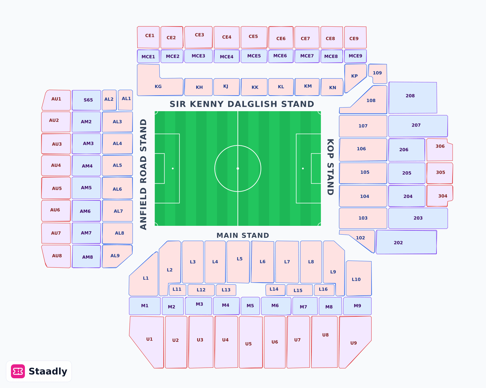 Anfield seat layout and seating plan — colored sections, stands and tiers (Liverpool)