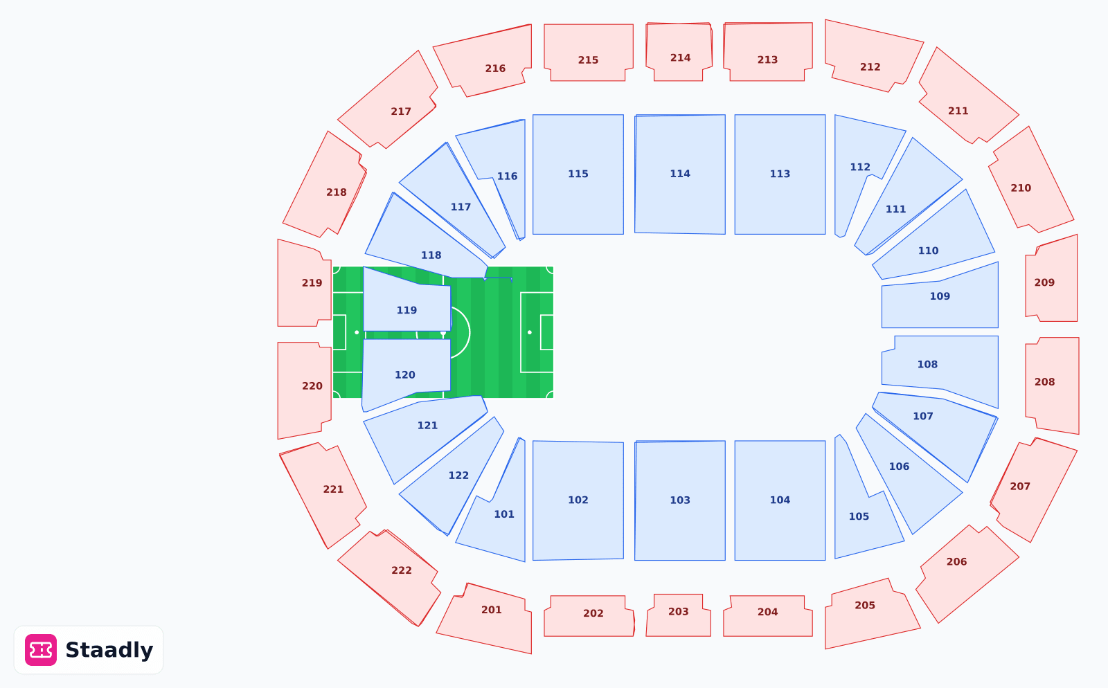AO Arena seat layout and seating plan — colored sections, stands and tiers (Manchester)