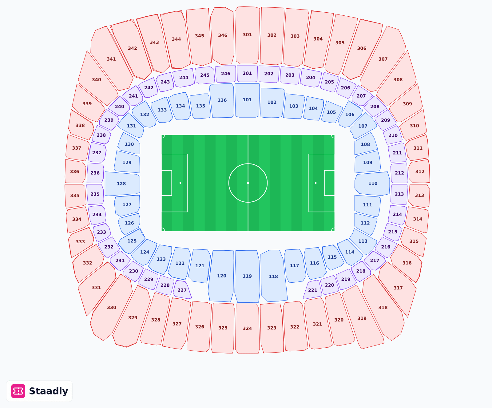 Arrowhead Stadium seat layout and seating plan — colored sections, stands and tiers (Missouri)