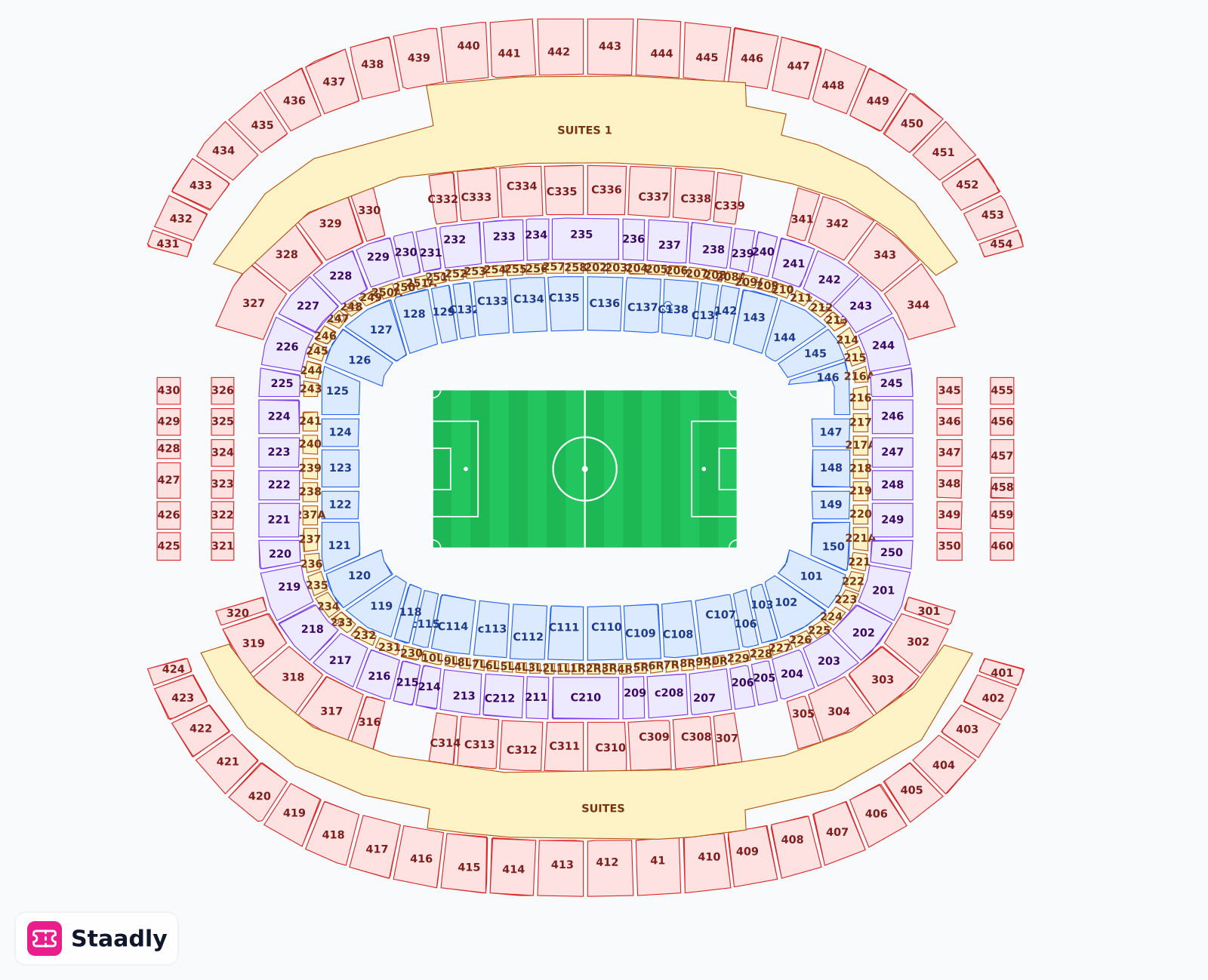 AT&T Stadium seat layout and seating plan — colored sections, stands and tiers (Texas)