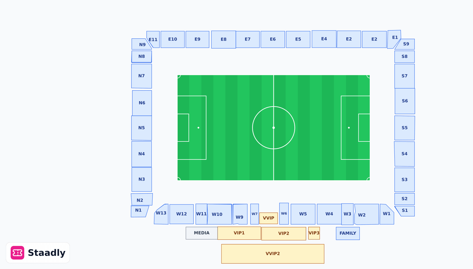 Baniyas Stadium seat layout and seating plan — colored sections, stands and tiers (Abu Dhabi)