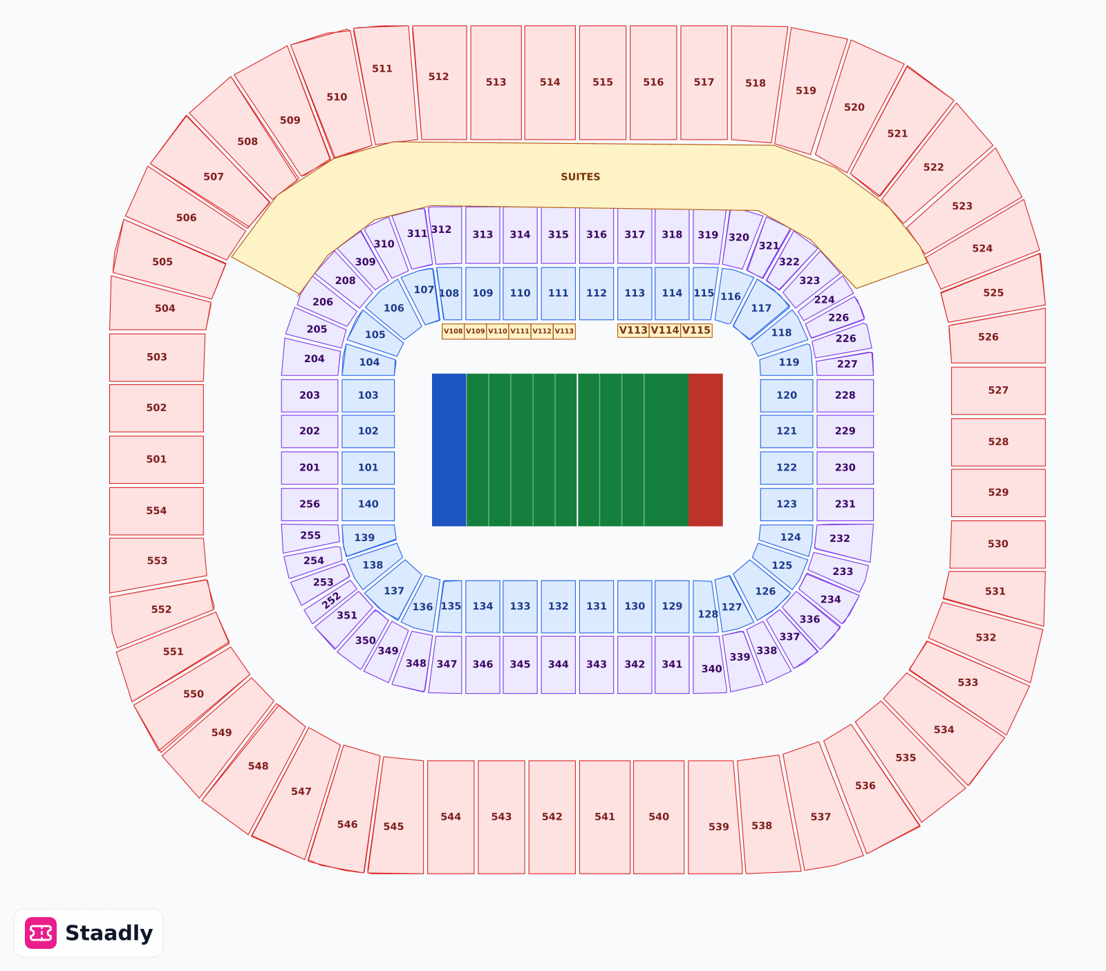 Bank of America Stadium seat layout and seating plan — colored sections, stands and tiers (Charlotte)