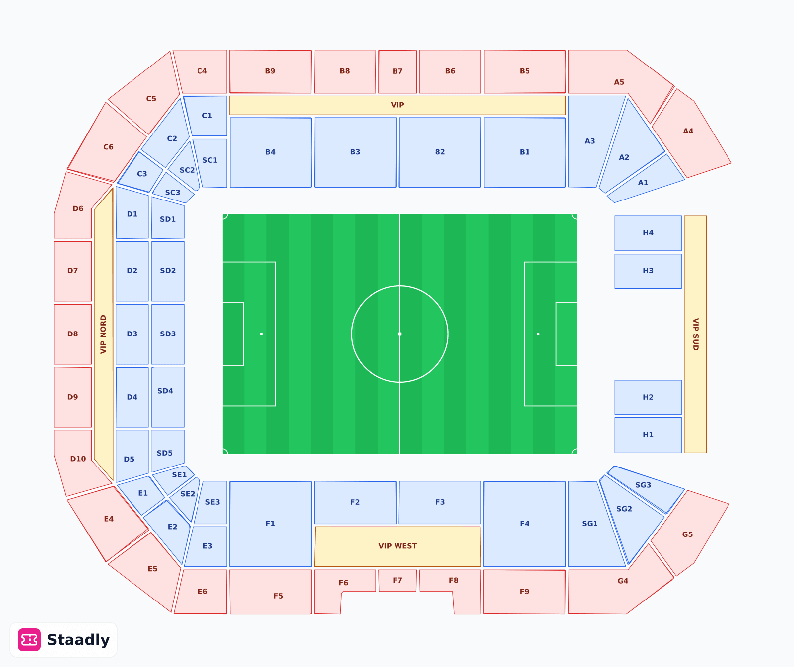 BayArena seat layout and seating plan — colored sections, stands and tiers (Leverkusen) — Bayer 04 Leverkusen's stadium