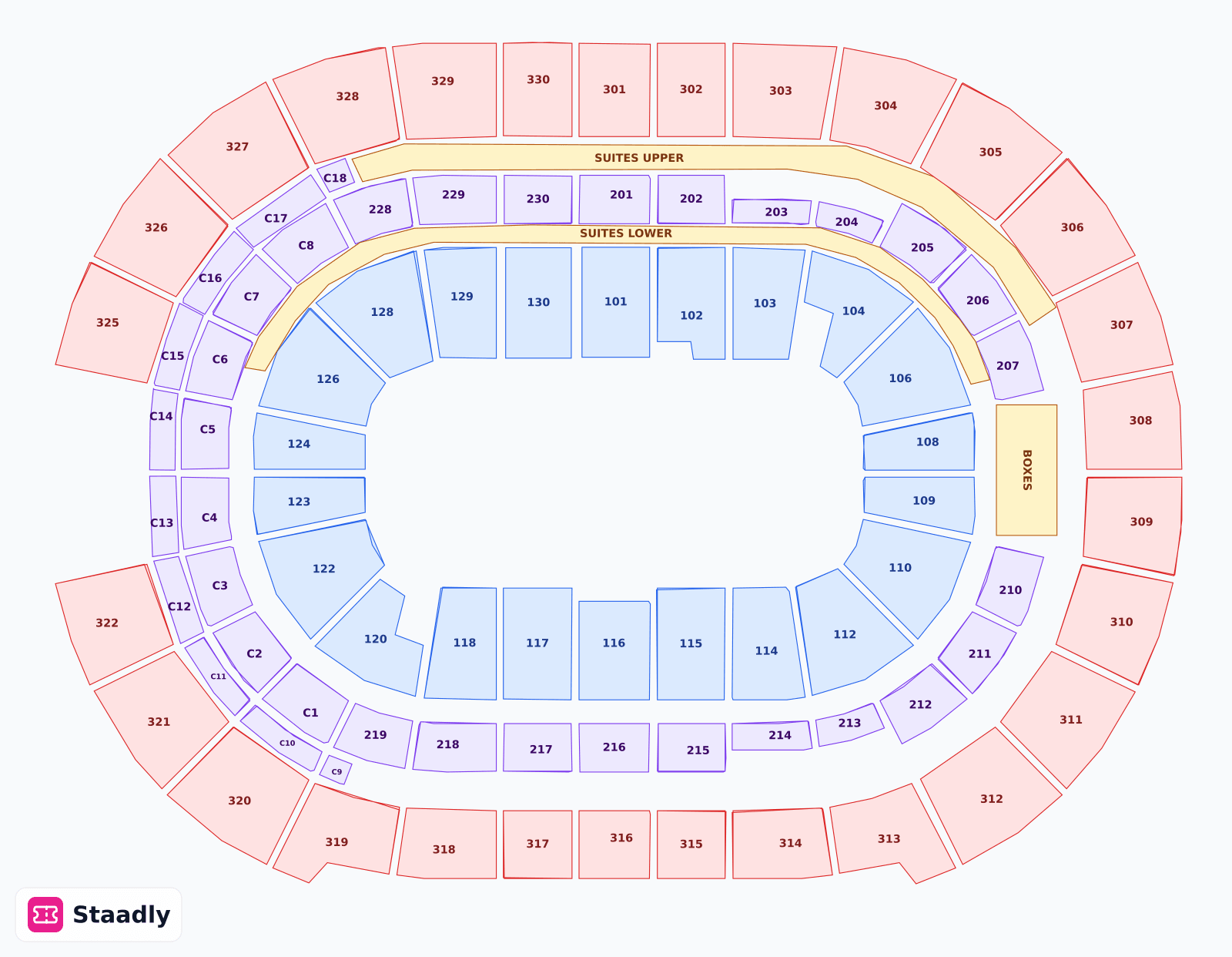 Benchmark International Arena seat layout and seating plan — colored sections, stands and tiers (Tampa)