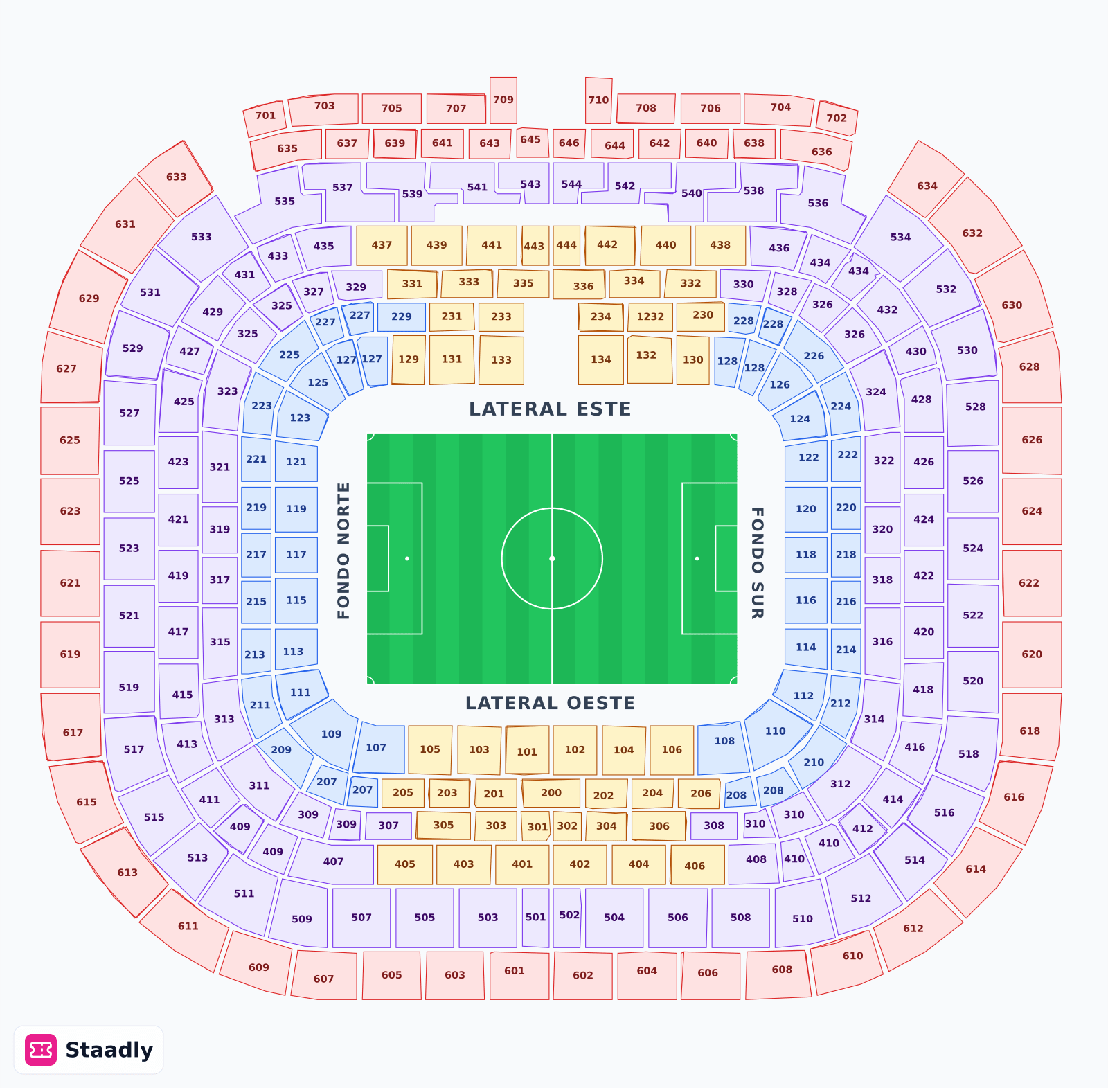 Bernabeu seat layout and seating plan — colored sections, stands and tiers (Madrid)