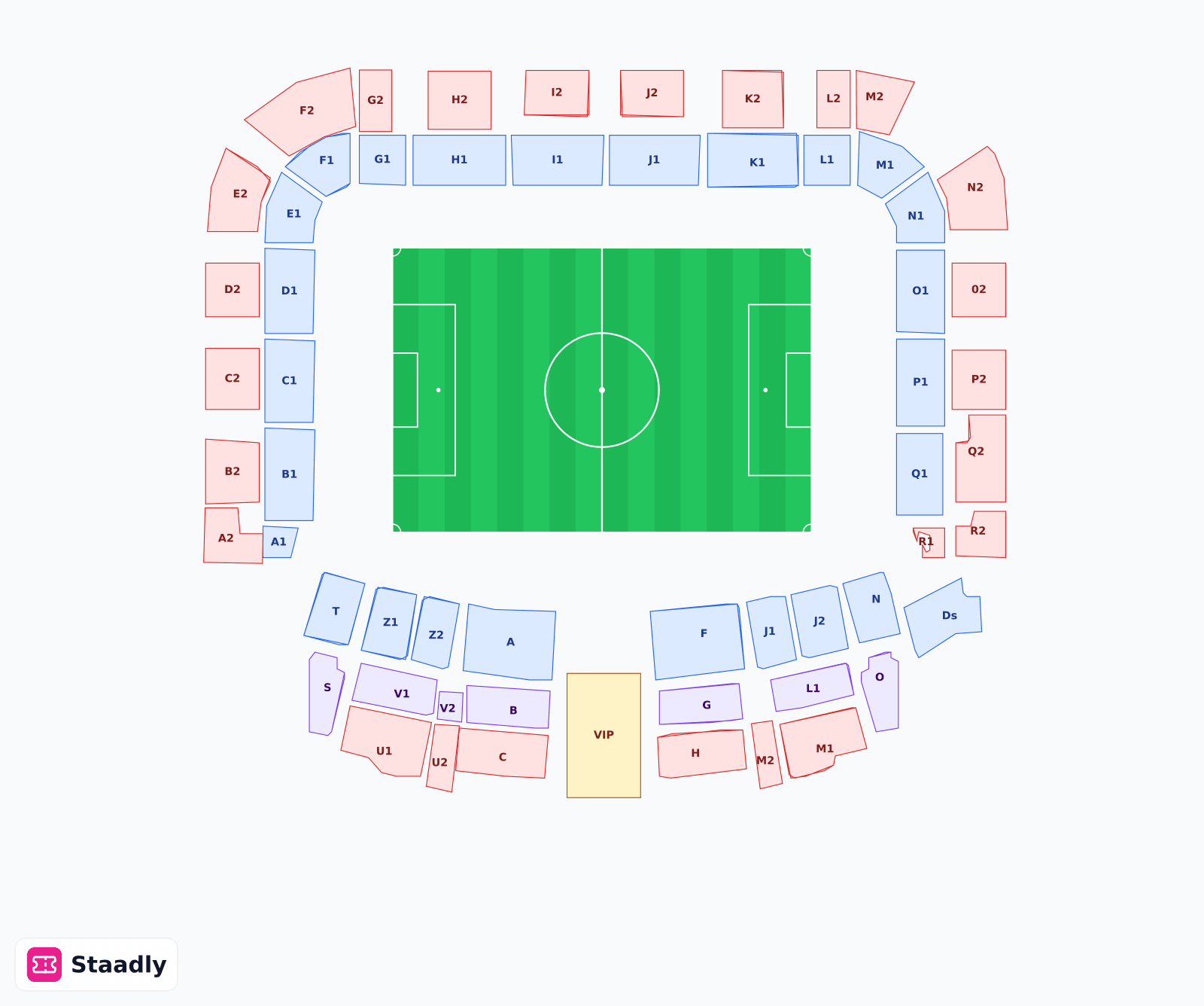 Bluenergy Stadium seat layout and seating plan — colored sections, stands and tiers (Udine)