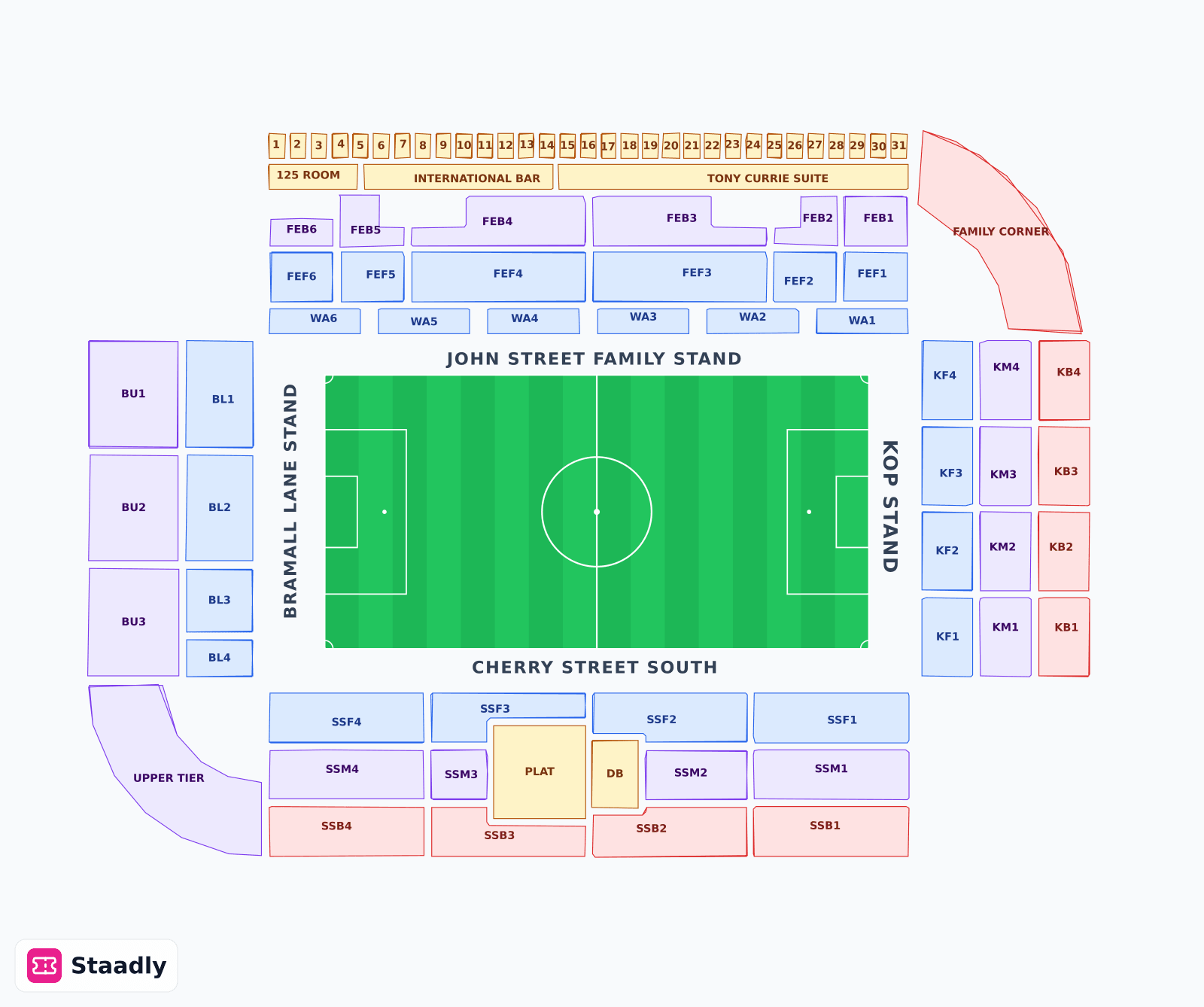 Bramall Lane seat layout and seating plan — colored sections, stands and tiers (Sheffield)