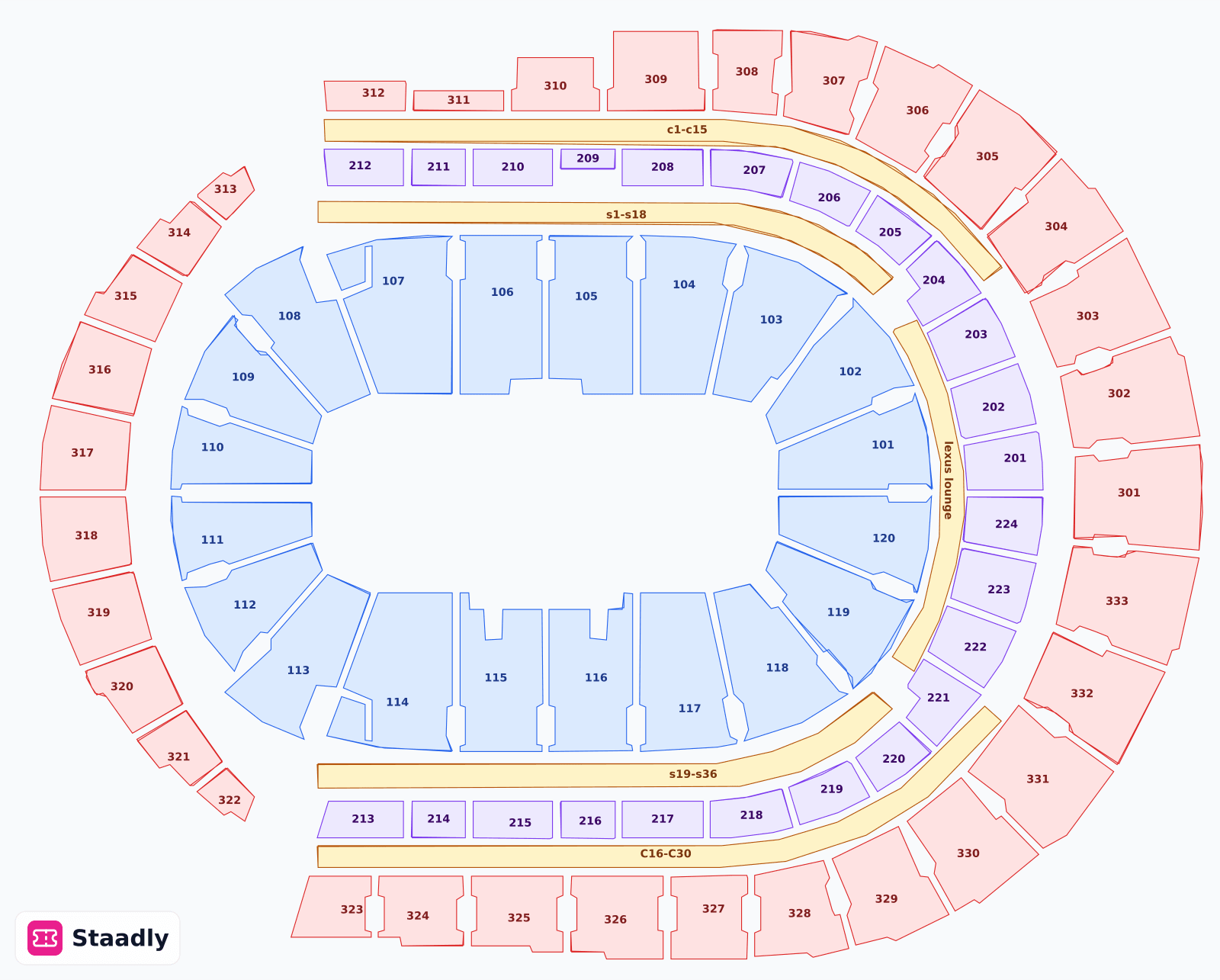 Bridgestone Arena seat layout and seating plan — colored sections, stands and tiers (Nashville)