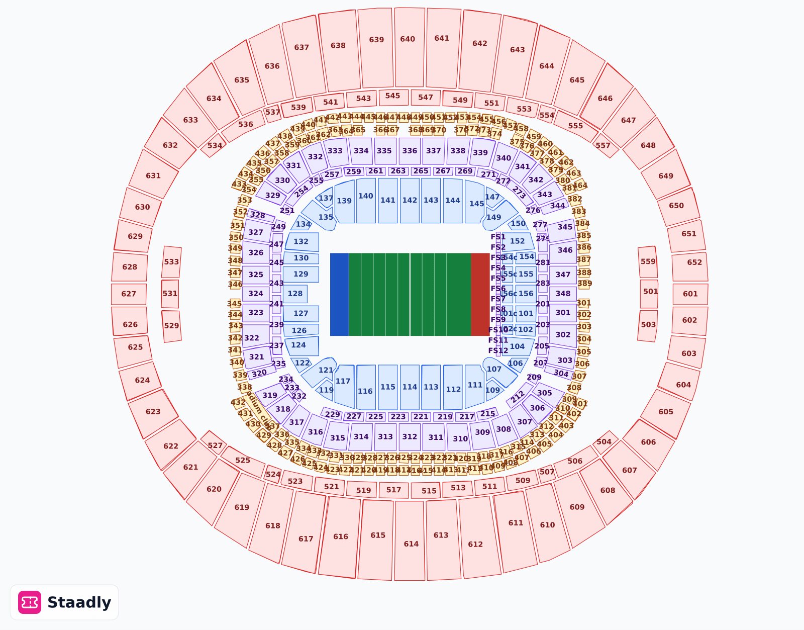 Caesars Superdome seat layout and seating plan — colored sections, stands and tiers (New Orleans)