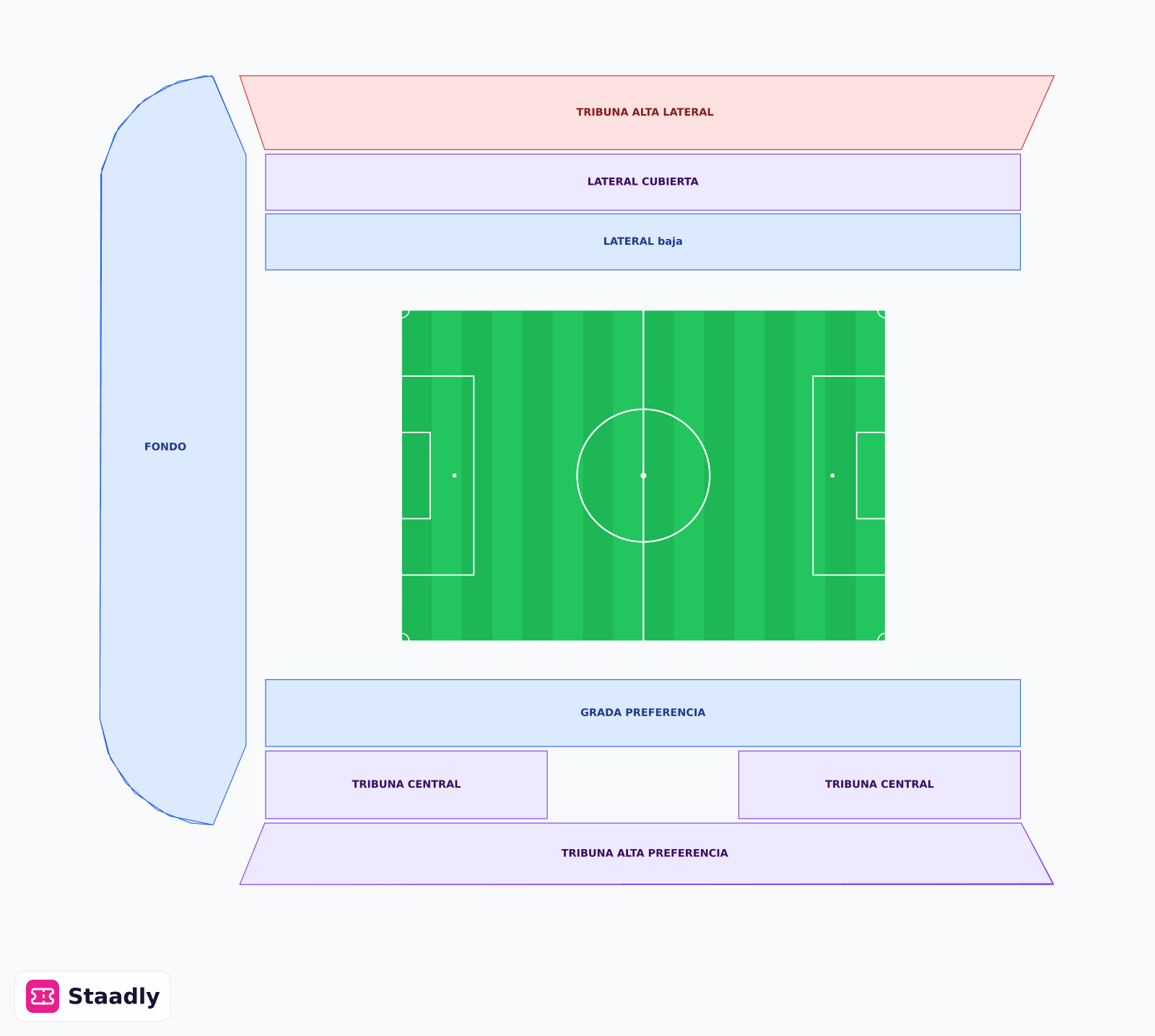 Campo de Futbol de Vallecas seat layout and seating plan — colored sections, stands and tiers (Madrid)