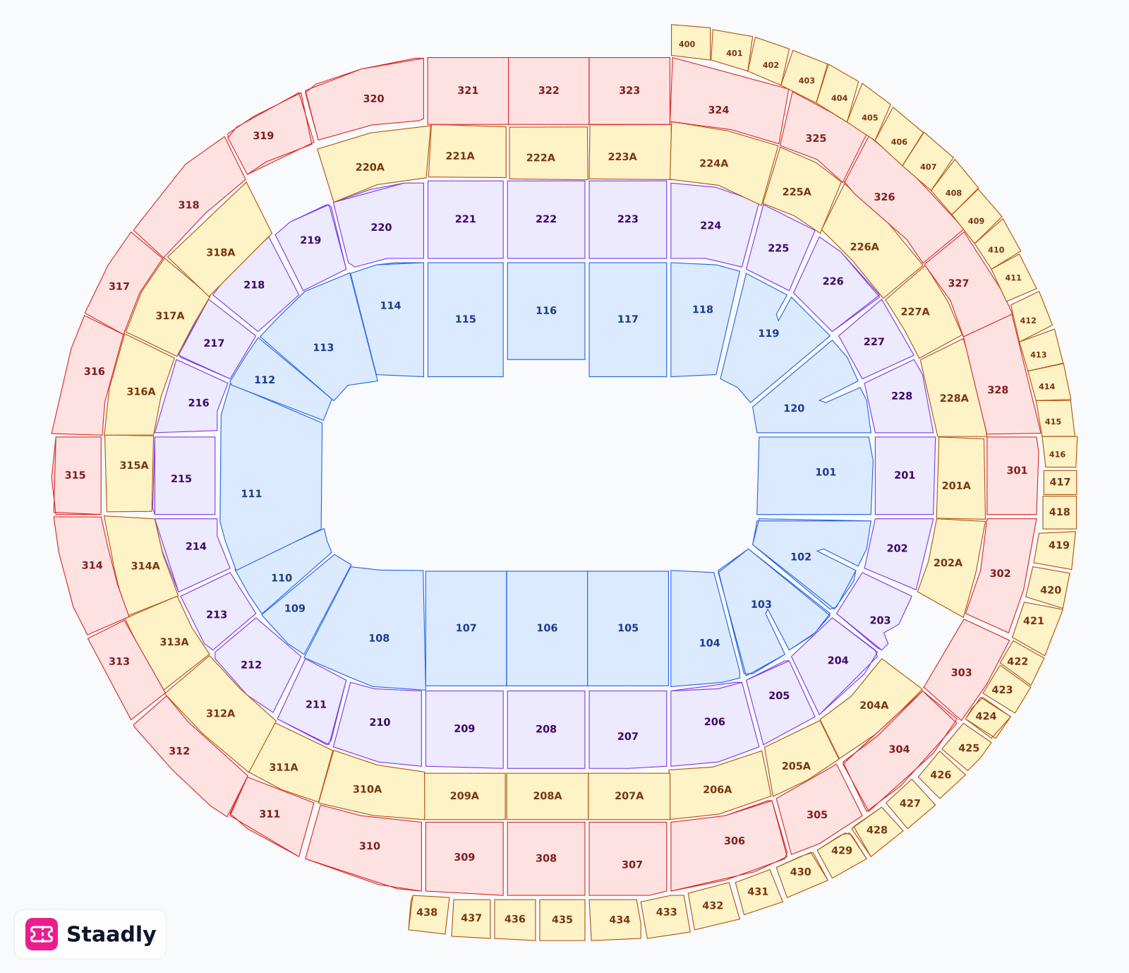 Canadian Tire Centre seat layout and seating plan — colored sections, stands and tiers (Kanata)