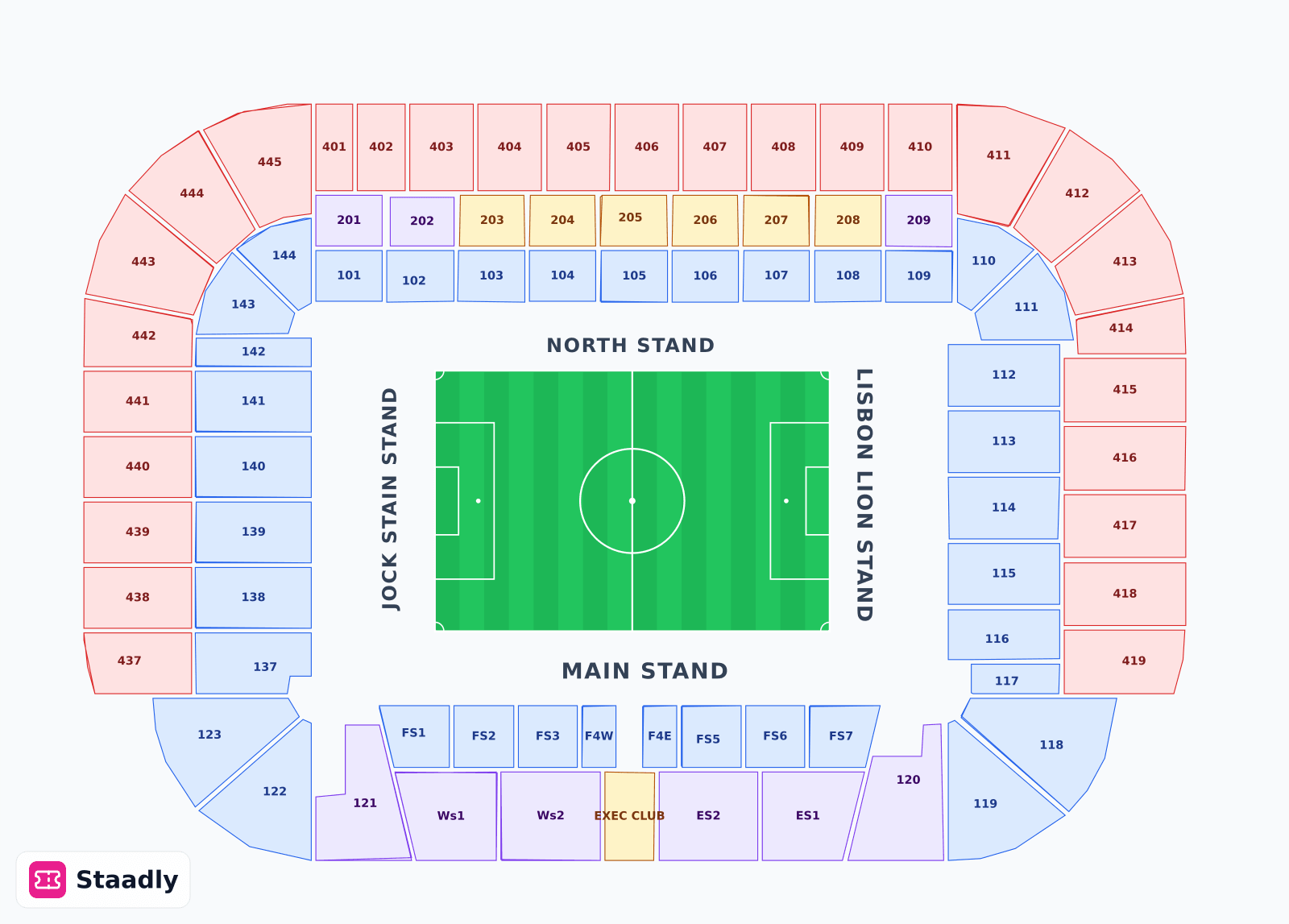 Celtic Park seat layout and seating plan — colored sections, stands and tiers (Glasgow)