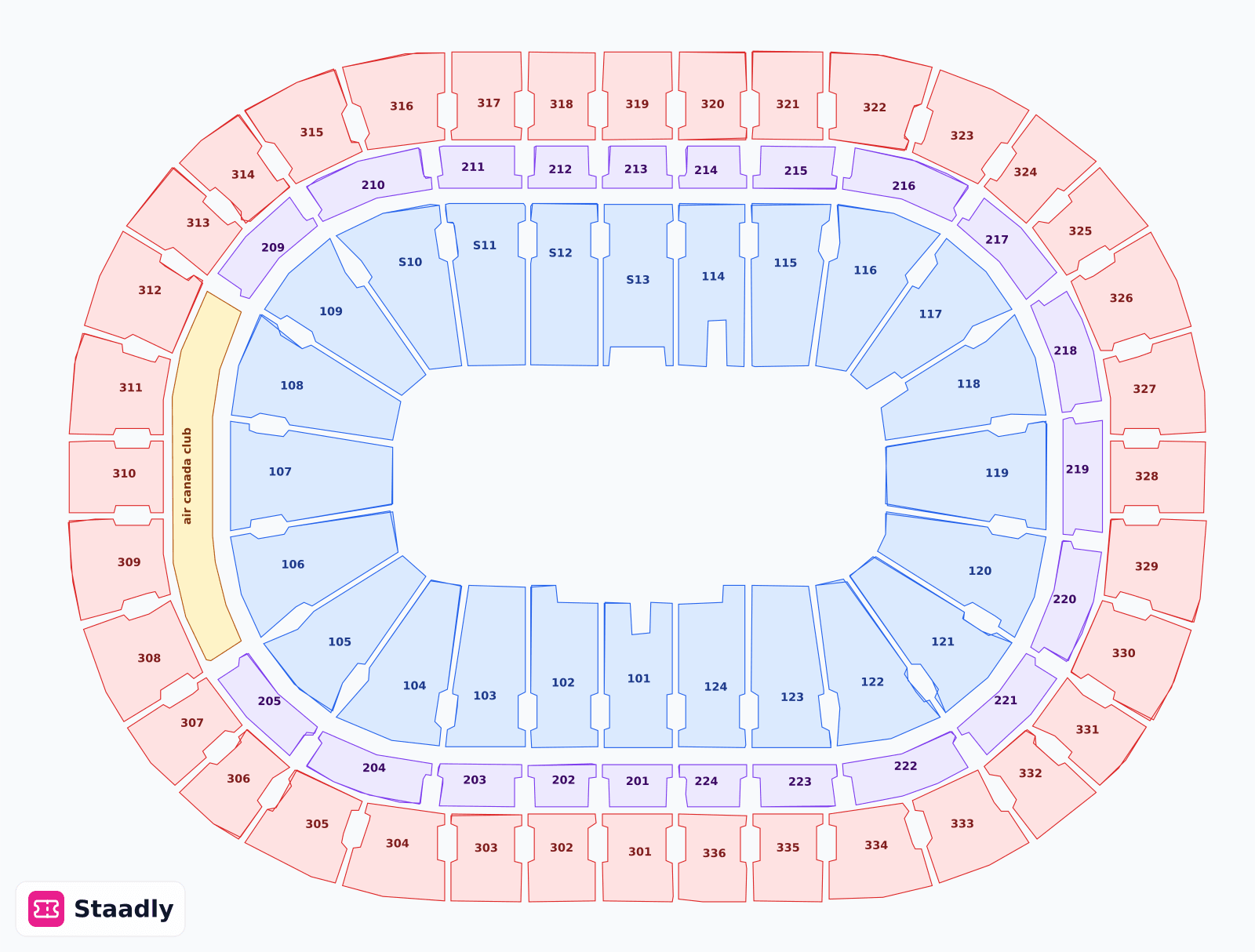 Centre Bell seat layout and seating plan — colored sections, stands and tiers (Montreal)