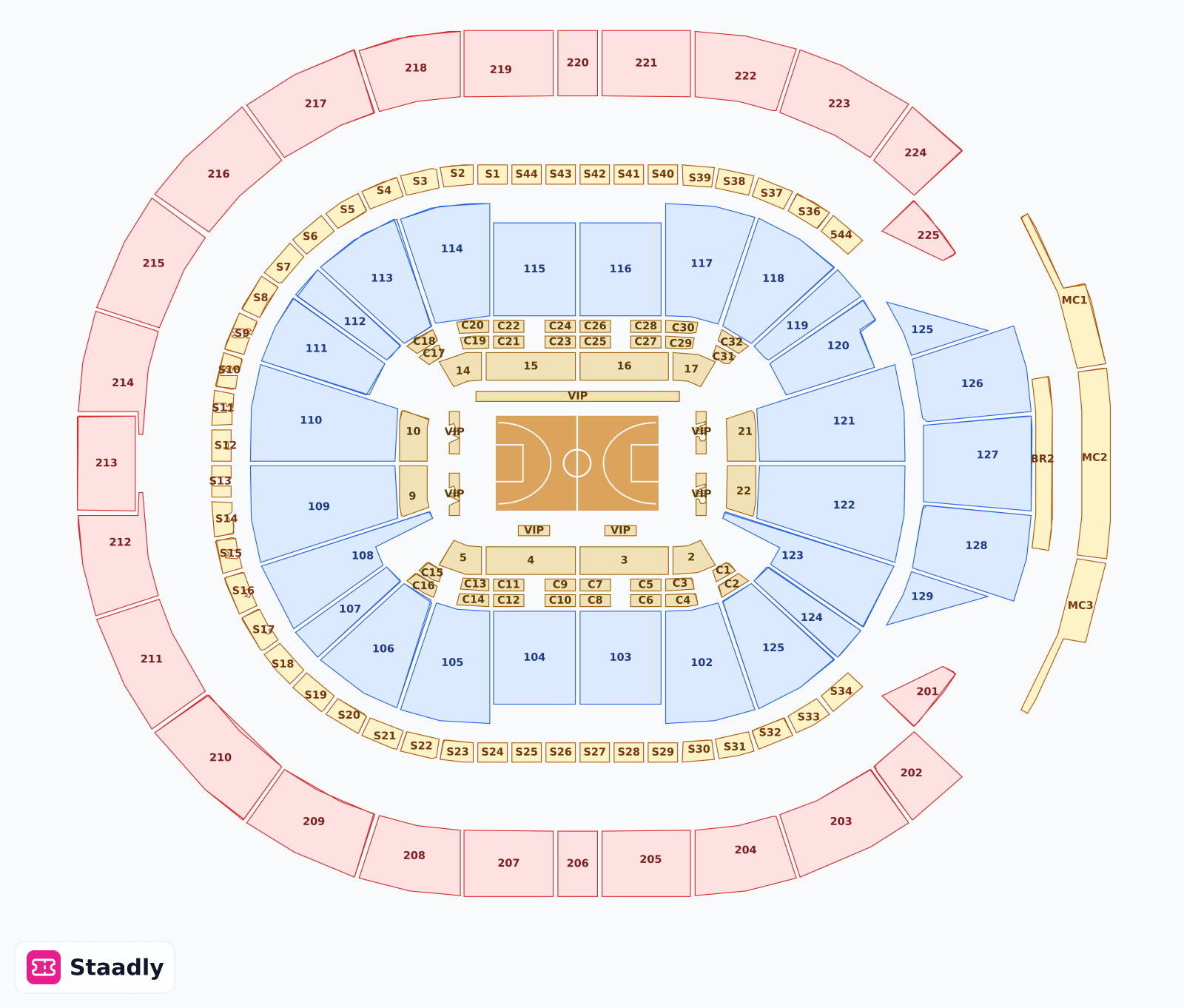 Chase Center seat layout and seating plan — colored sections, stands and tiers (California)