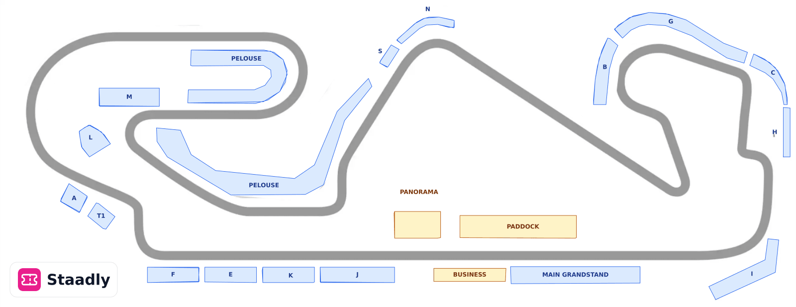 Circuit de Barcelona-Catalunya seat layout and seating plan — colored sections, stands and tiers (Barcelona)