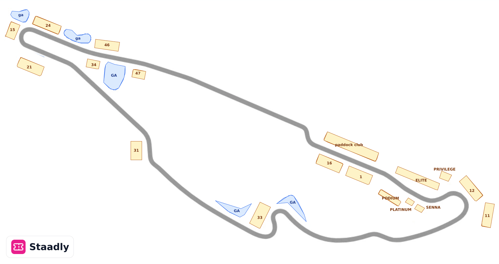 Circuit Gilles Villeneuve seat layout and seating plan — colored sections, stands and tiers (Montreal)