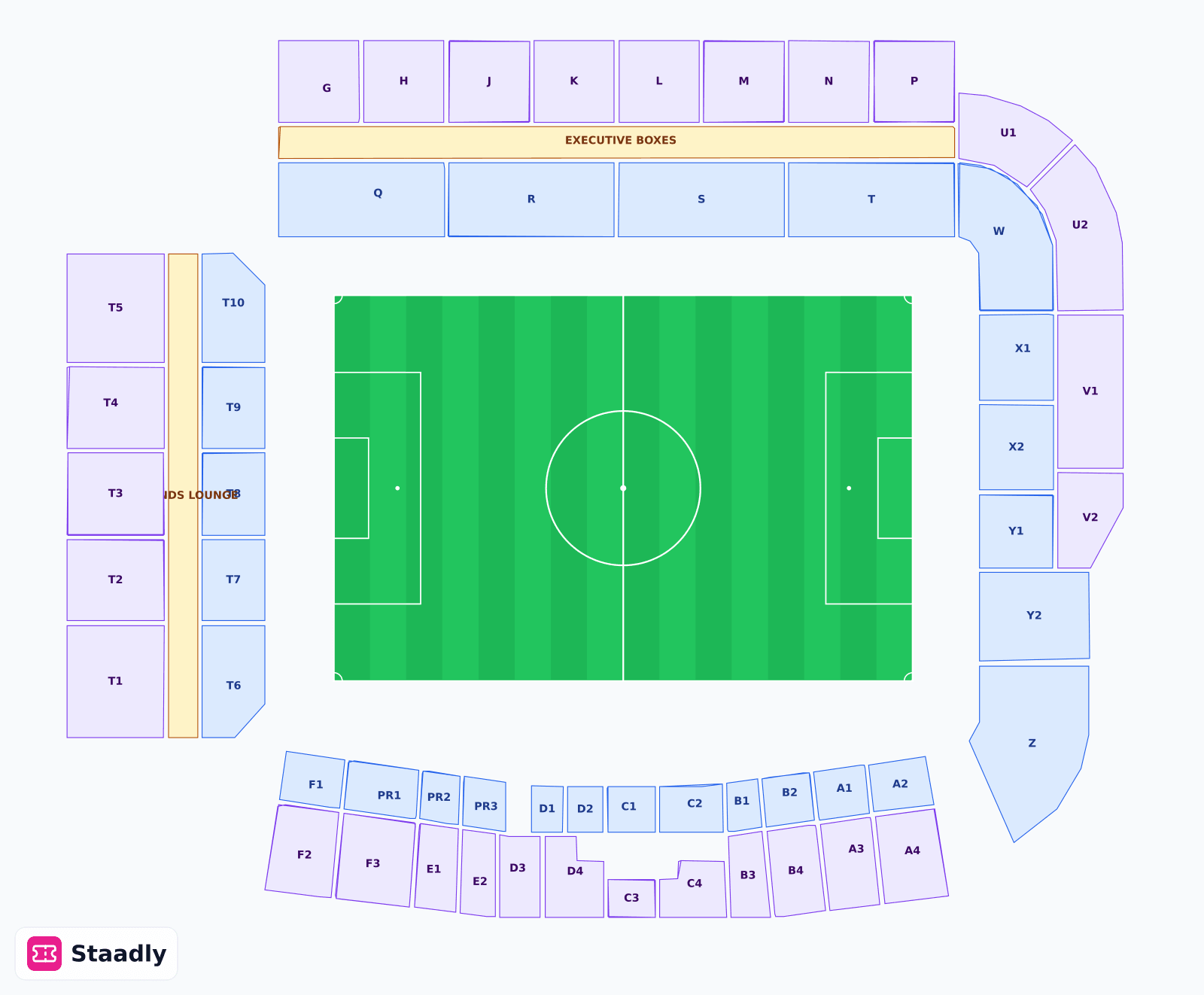 CITY GROUND seat layout and seating plan — colored sections, stands and tiers (NOTTINGHAM)