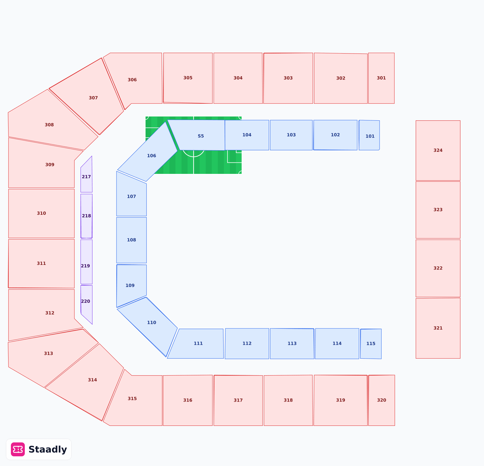 Co-op Live seat layout and seating plan — colored sections, stands and tiers (Manchester)