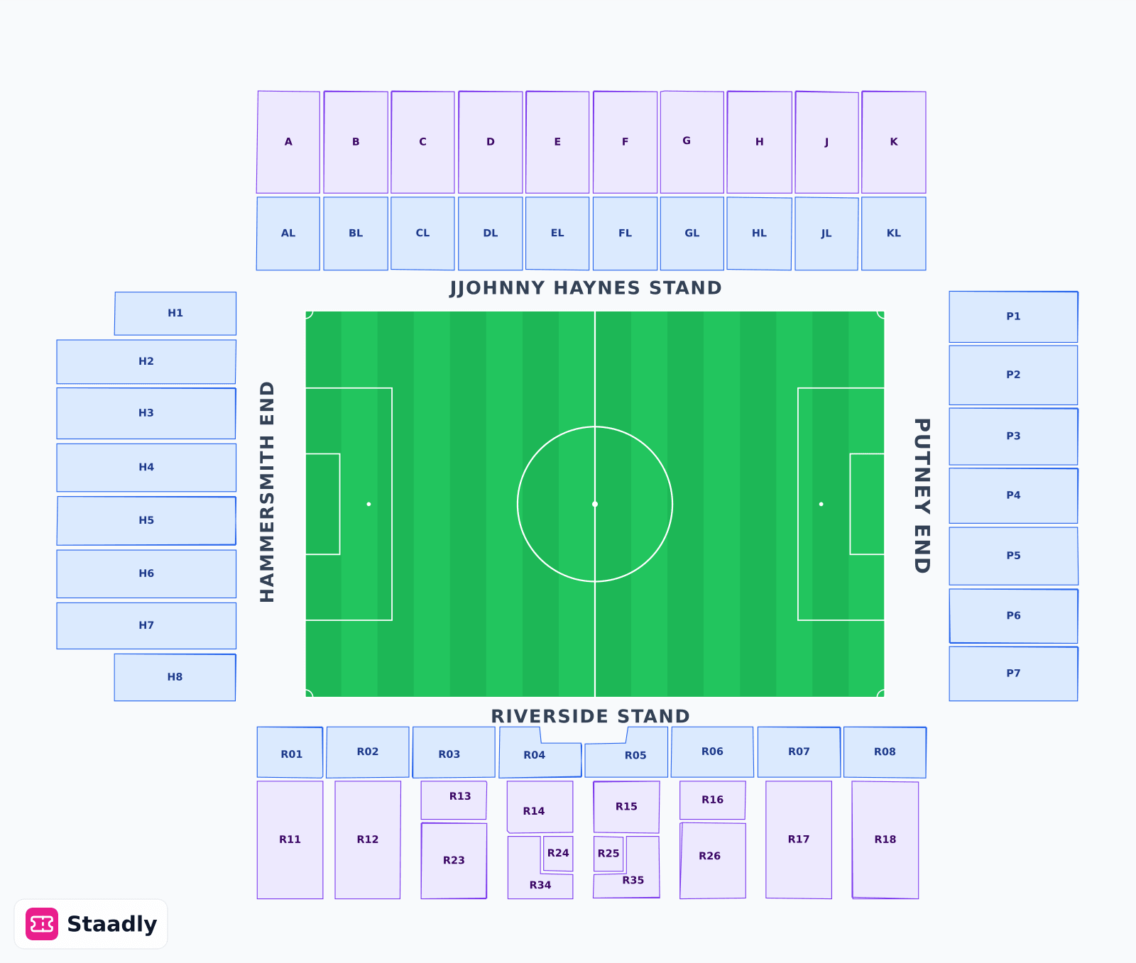 Craven Cottage seat layout and seating plan — colored sections, stands and tiers (London)