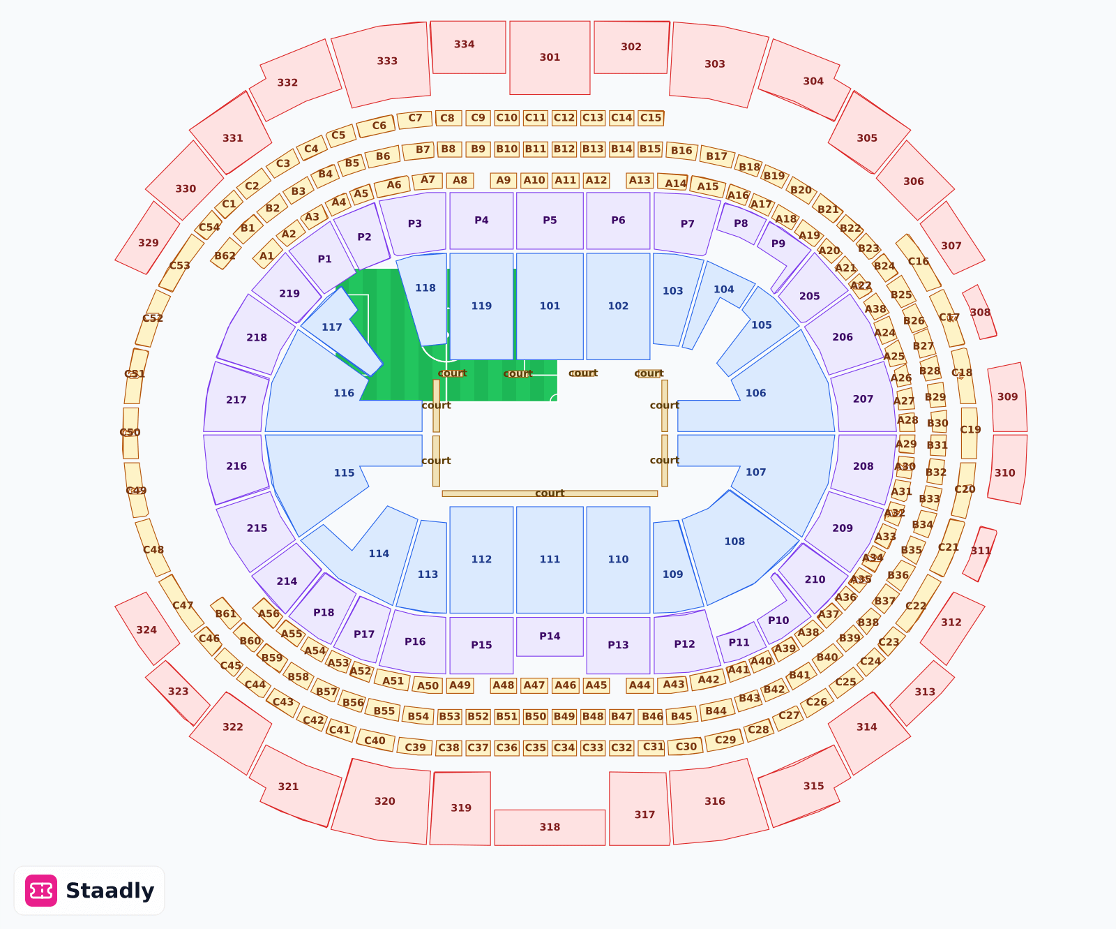 Crypto.com Arena seat layout and seating plan — colored sections, stands and tiers (California)