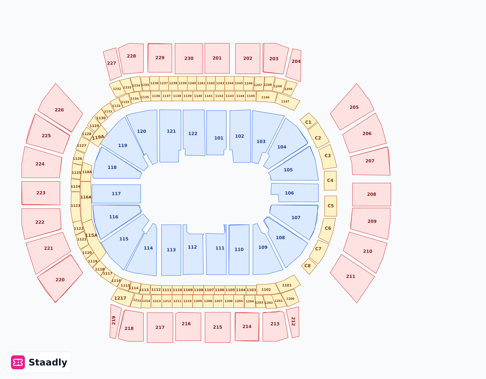 Desert Diamond Arena seat layout and seating plan — colored sections, stands and tiers (Glendale)