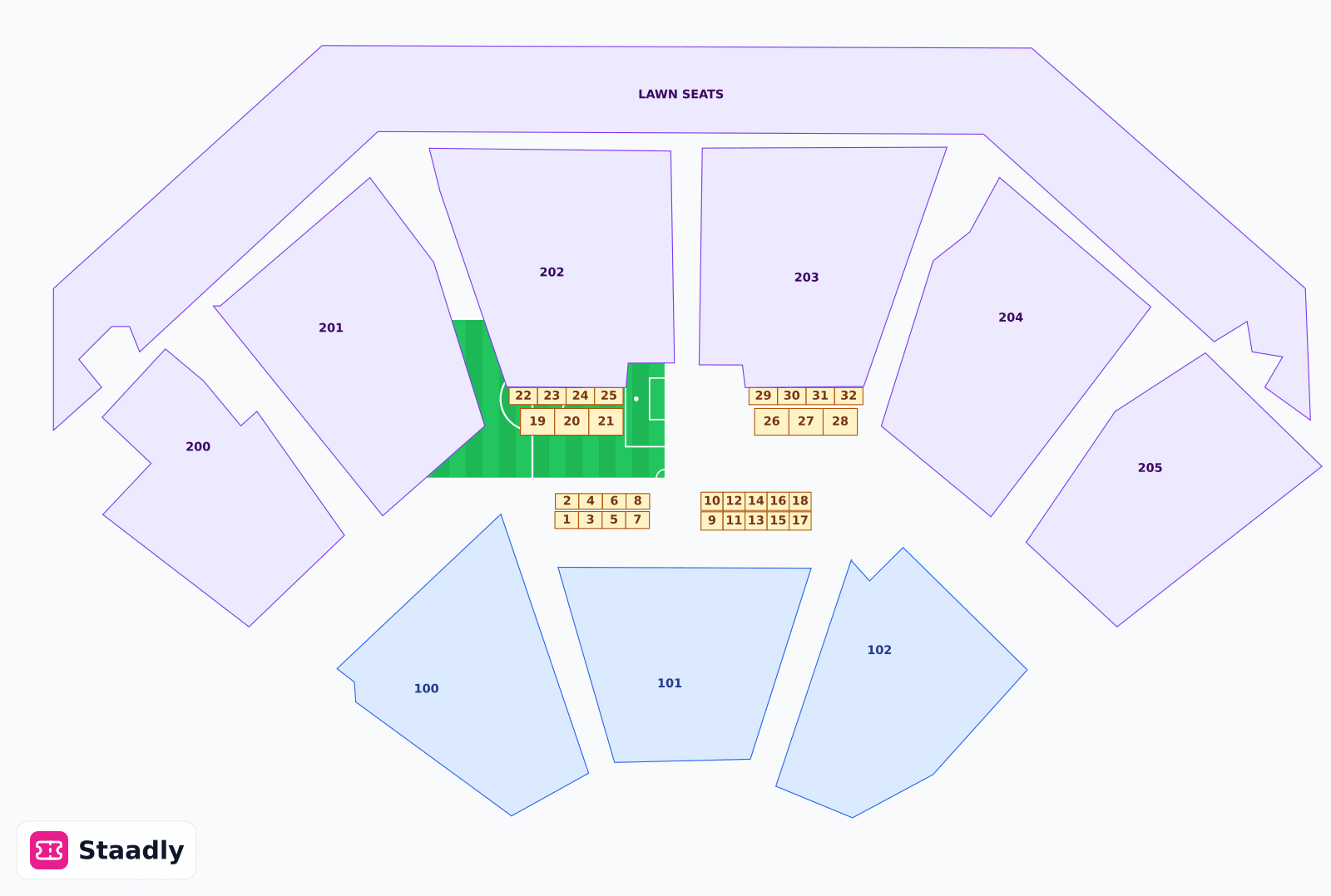 Dos Equis Pavillion seat layout and seating plan — colored sections, stands and tiers (Dallas)