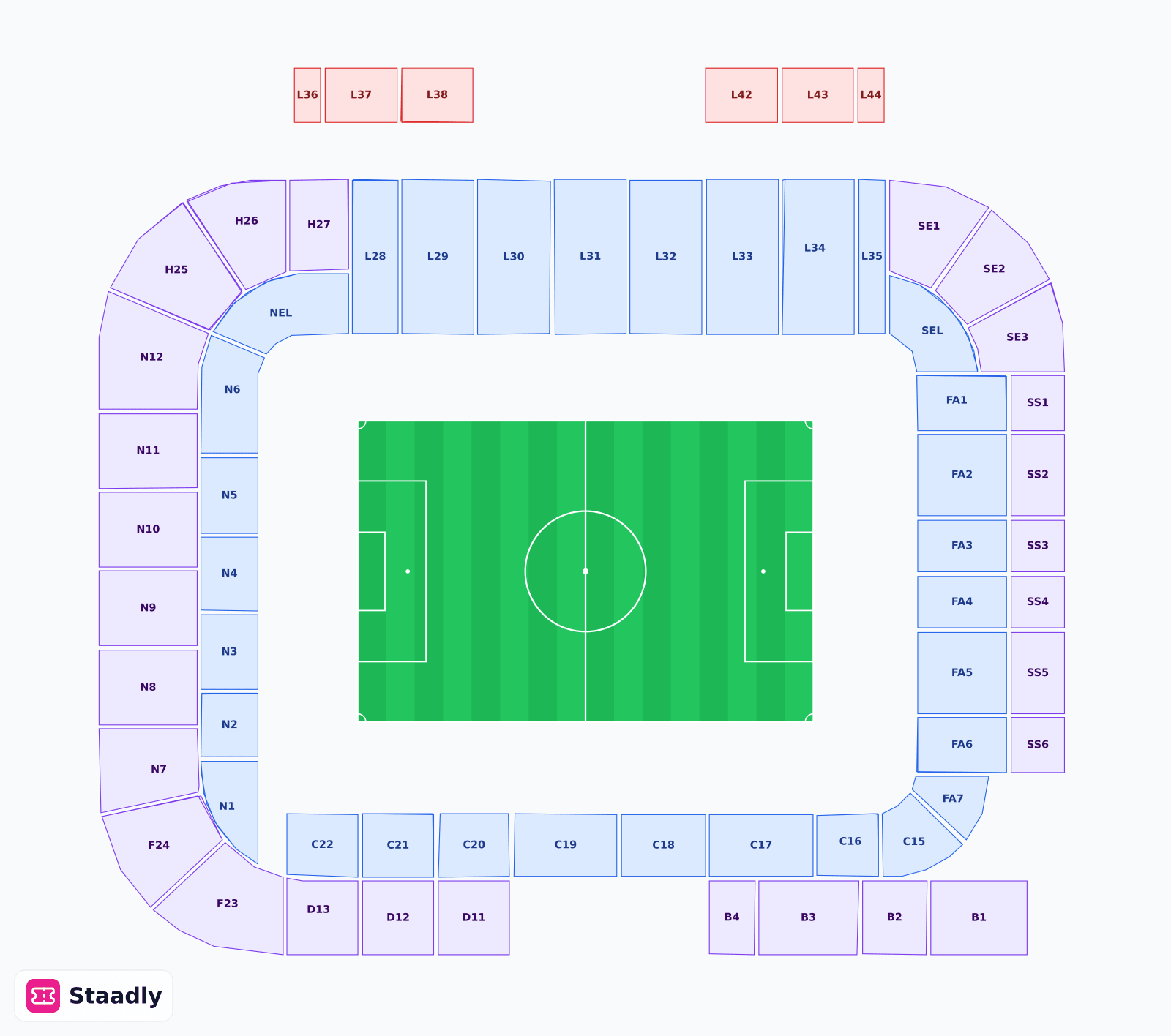 Elland Road seat layout and seating plan — colored sections, stands and tiers (Leeds)