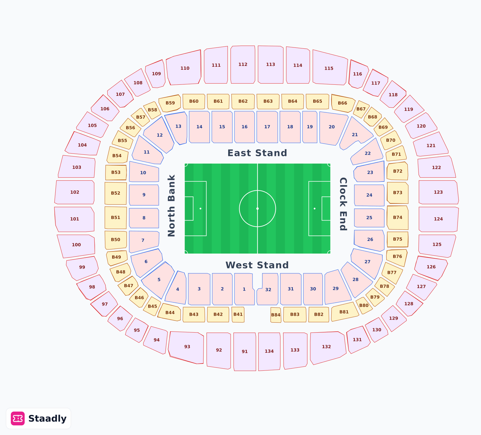 Emirates Stadium seat layout and seating plan — colored sections, stands and tiers (London)