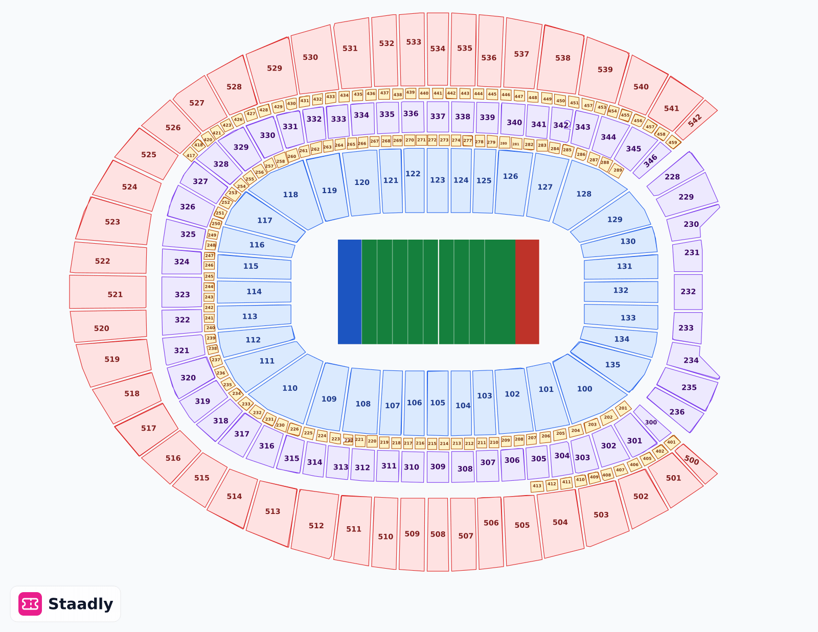 Empower Field At Mile High seat layout and seating plan — colored sections, stands and tiers (Denver)
