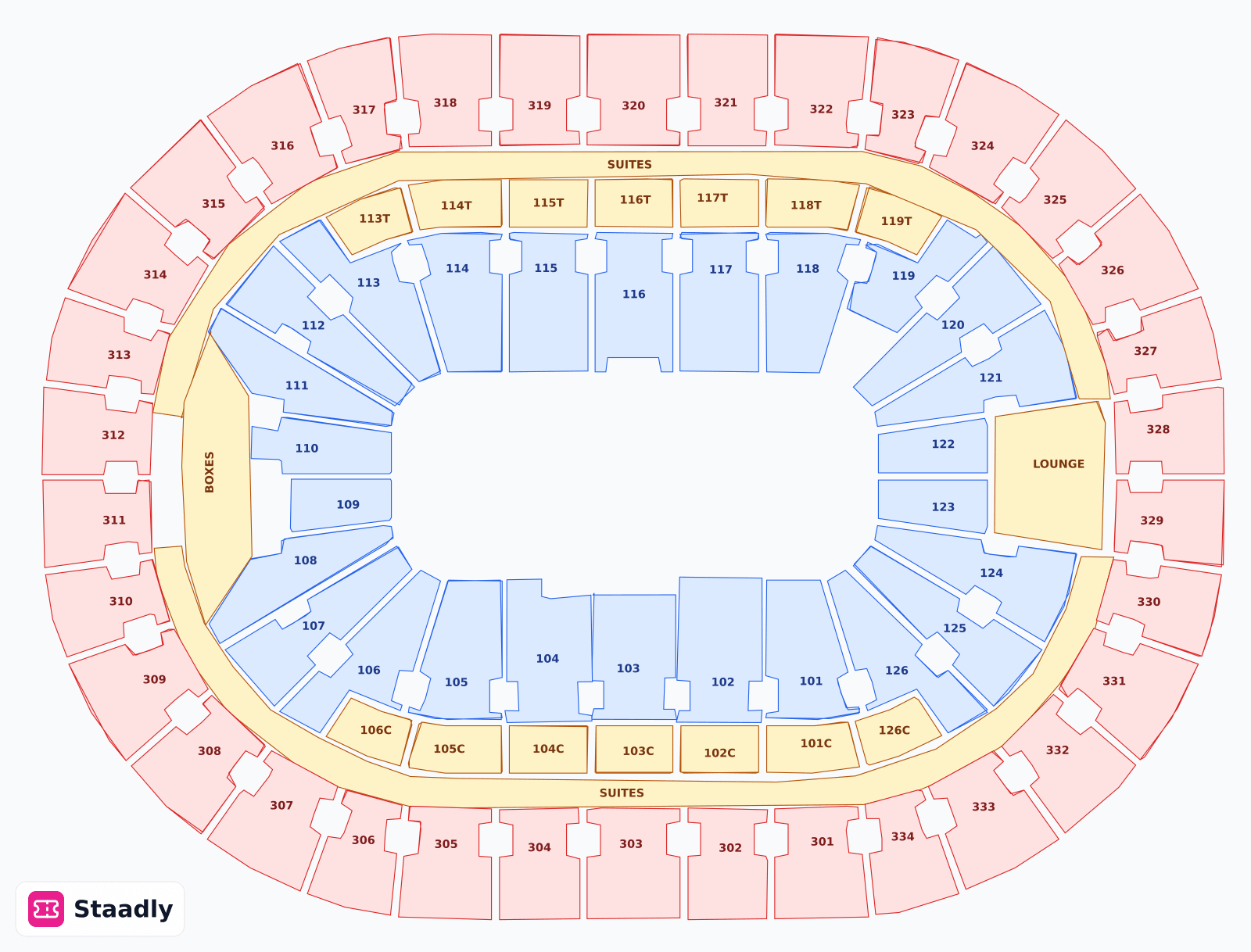 Enterprise Center seat layout and seating plan — colored sections, stands and tiers (Saint Louis)