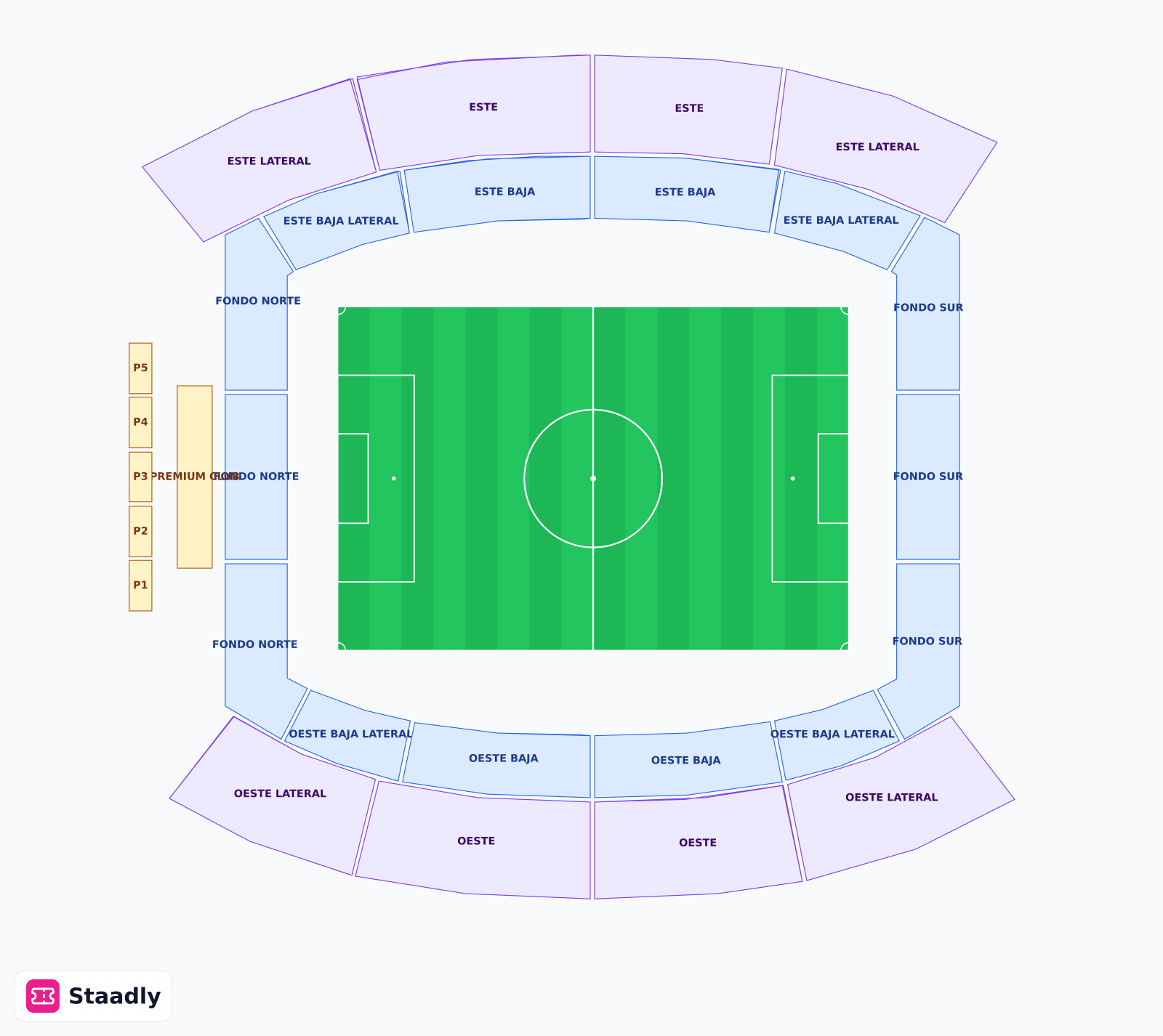 Estadi Mallorca Son Moix seat layout and seating plan — colored sections, stands and tiers (Palma)