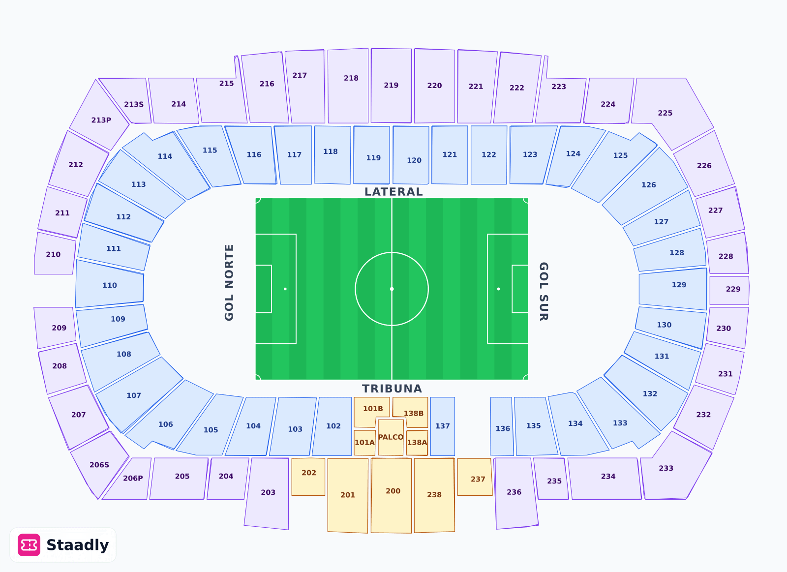 estadi olímpic lluís companys seat layout and seating plan — colored sections, stands and tiers (Barcelona)