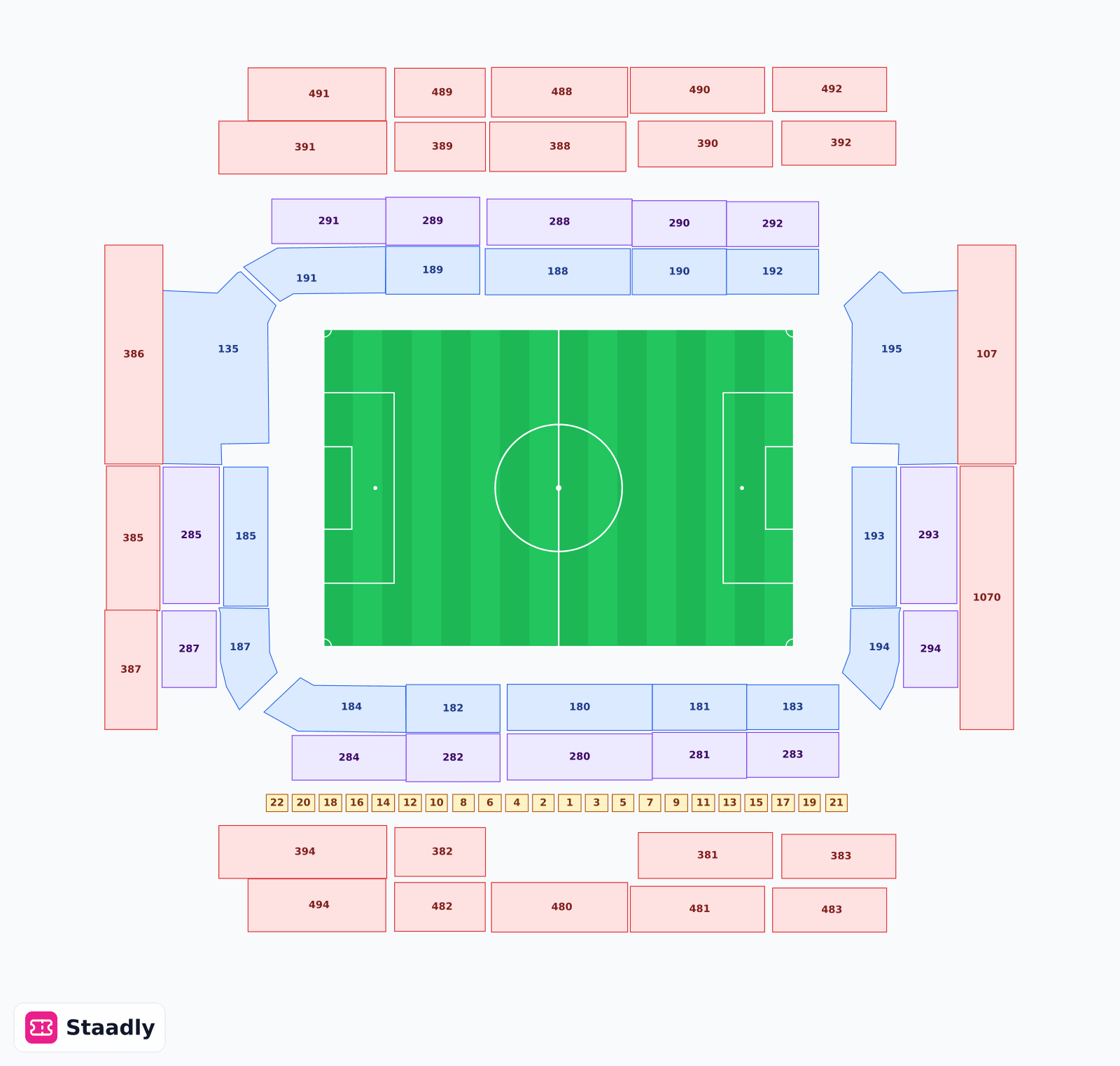 Estadio Carlos Tartiere seat layout and seating plan — colored sections, stands and tiers (Oviedo)