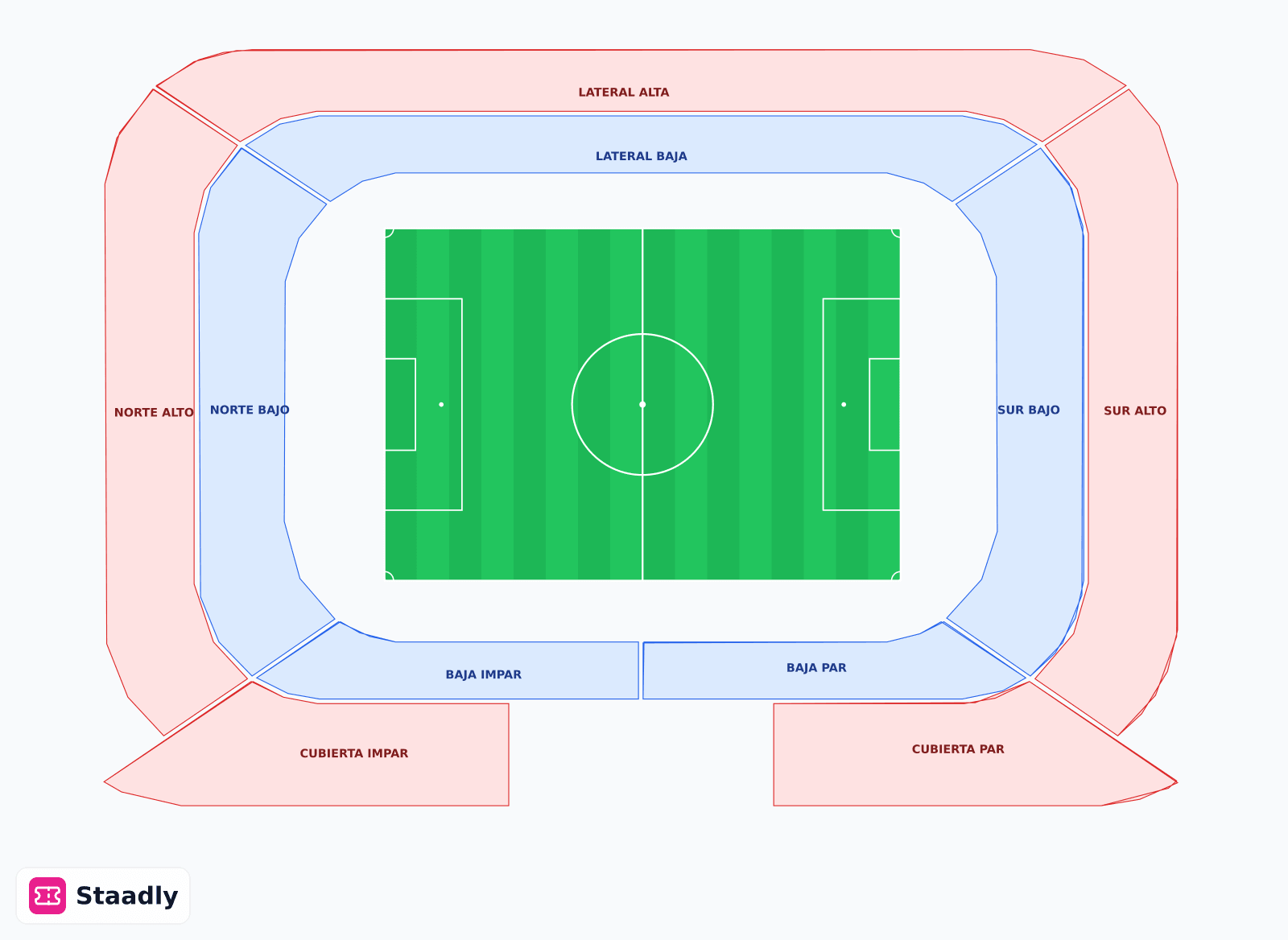 Estadio Coliseum seat layout and seating plan — colored sections, stands and tiers (Getafe)