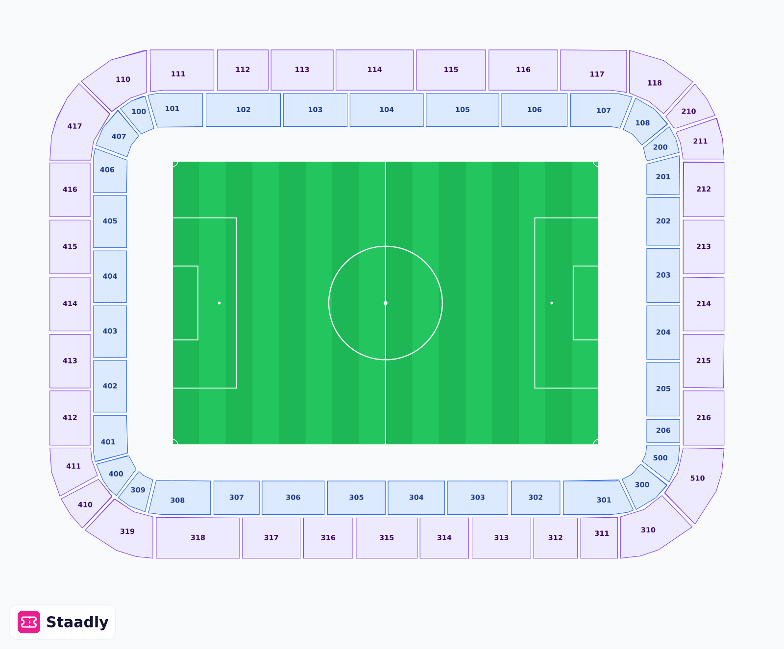 Estadio de Mendizorroza seat layout and seating plan — colored sections, stands and tiers (Vitoria-Gasteiz)