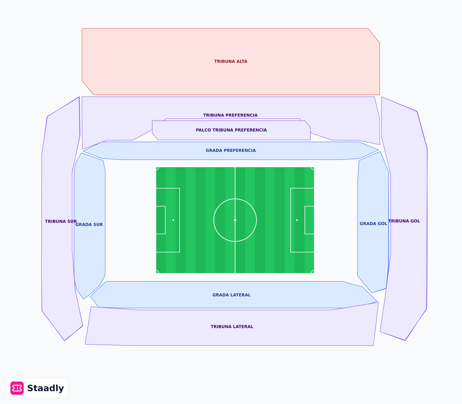 Estadio El Sadar seat layout and seating plan — colored sections, stands and tiers (Pamplona)