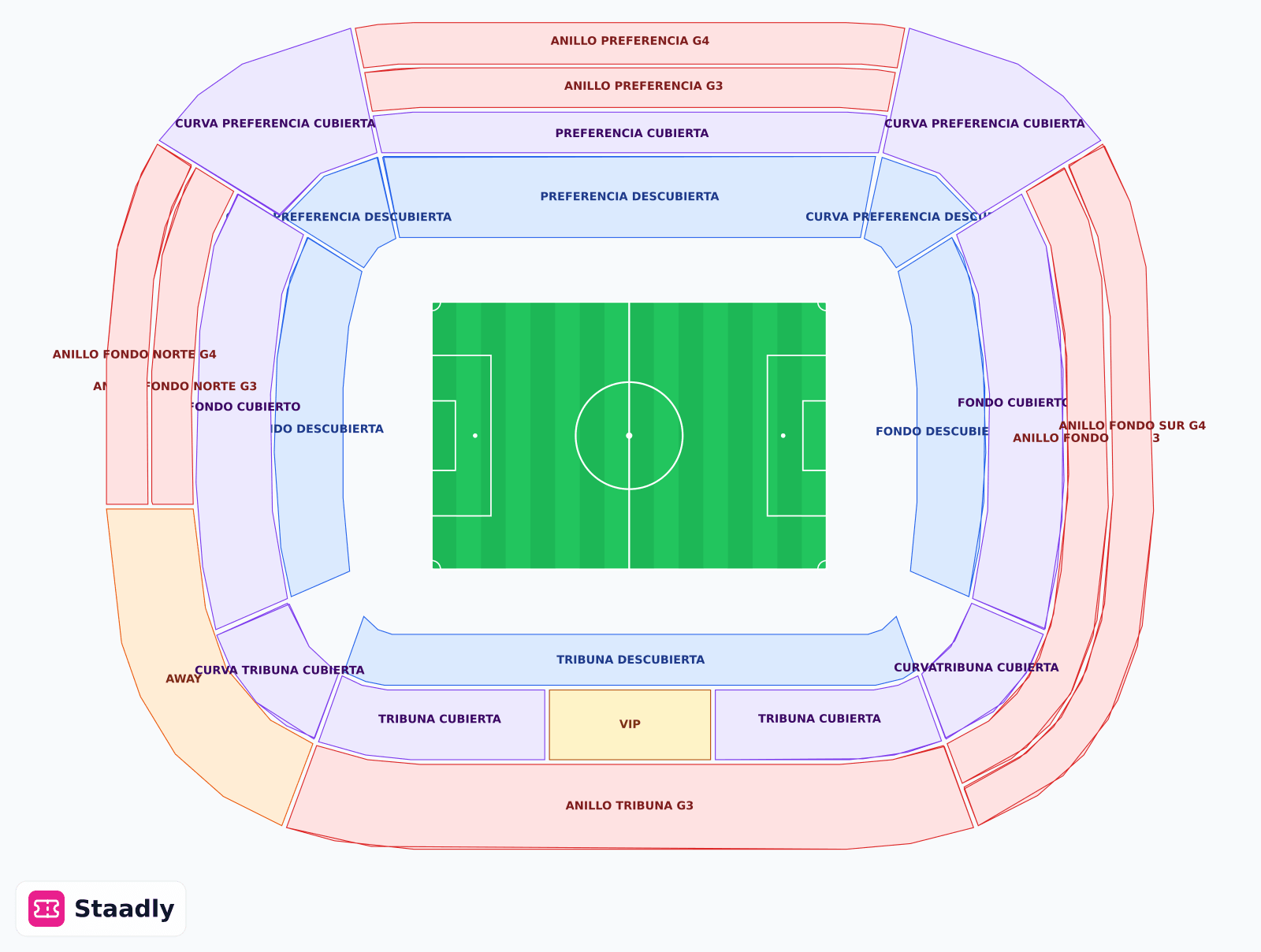 Estadio Manuel Martínez Valero seat layout and seating plan — colored sections, stands and tiers (Elche)