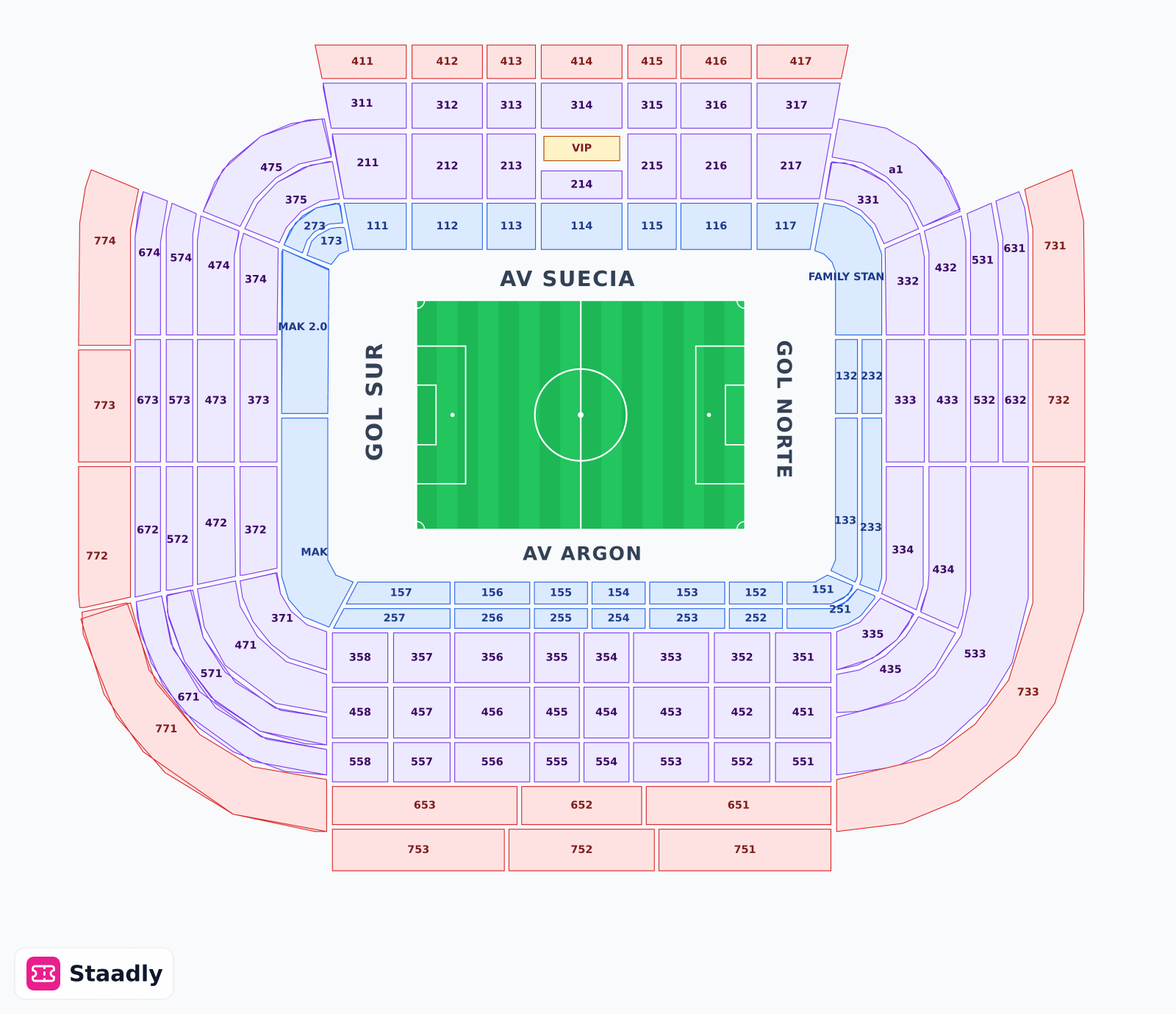 Estadio Mestalla seat layout and seating plan — colored sections, stands and tiers (Valencia)