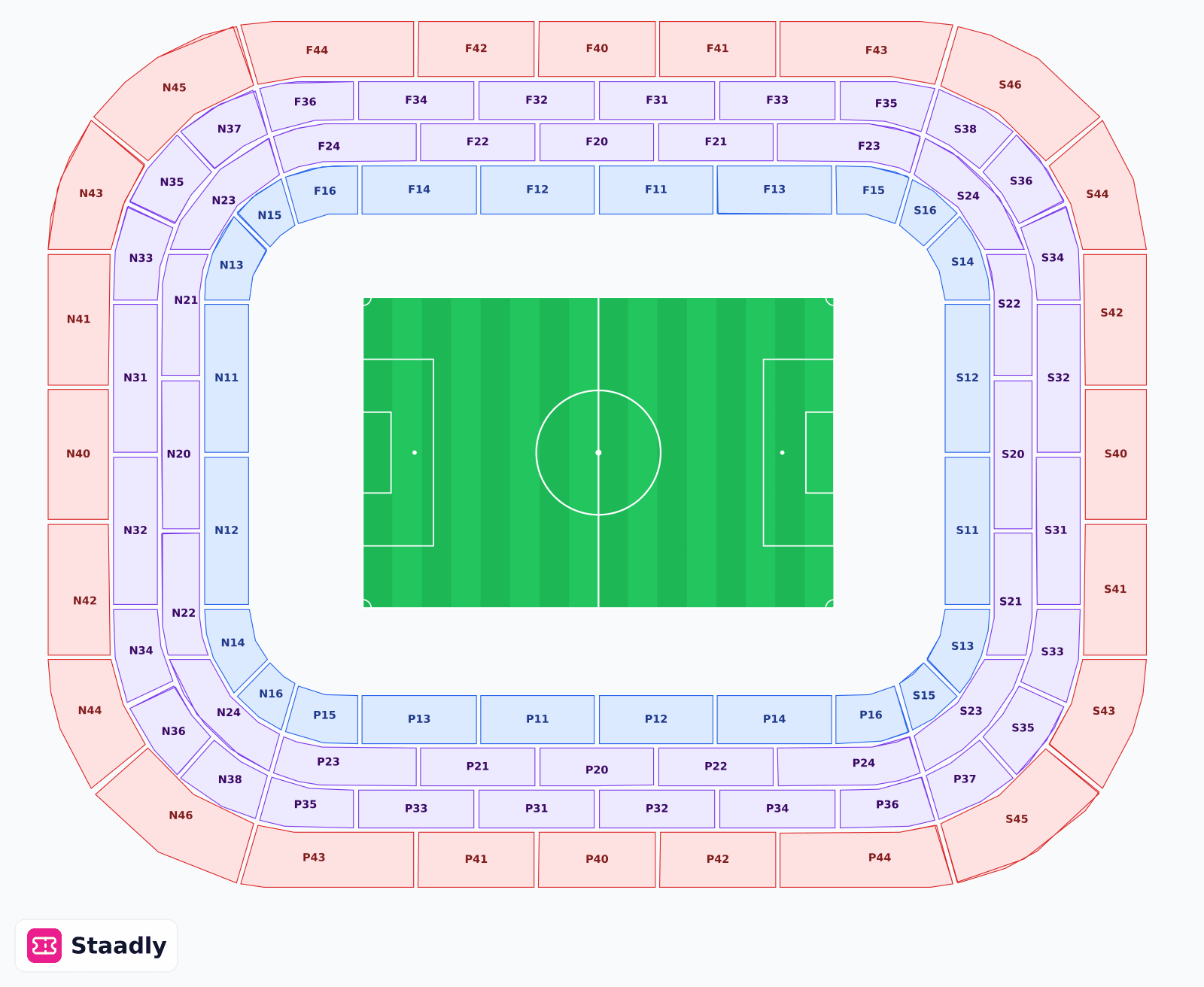 Estadio Ramón Sánchez-Pizjuán seat layout and seating plan — colored sections, stands and tiers (Seville)