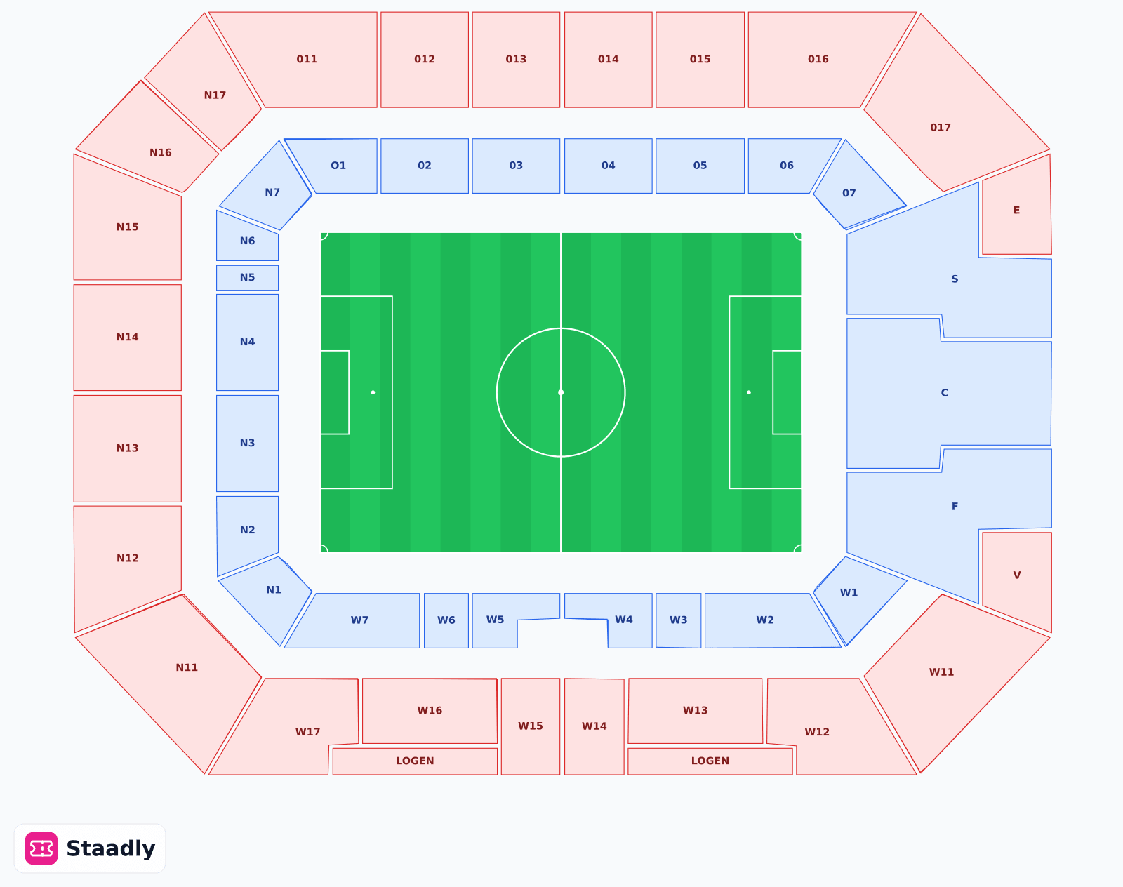 Europa-Park Stadion seat layout and seating plan — colored sections, stands and tiers (Freiburg)