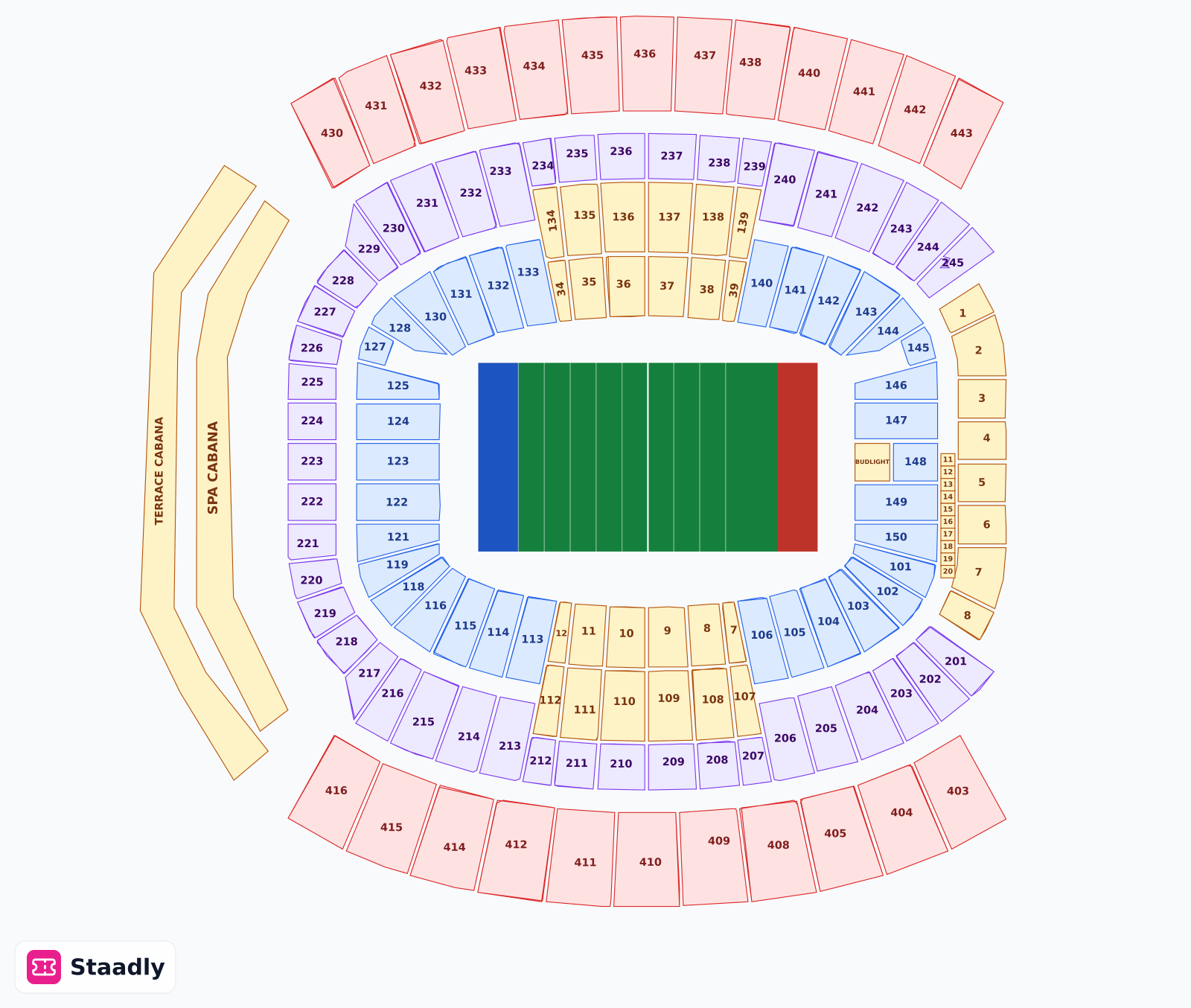 EverBank Stadium seat layout and seating plan — colored sections, stands and tiers (Jacksonville)