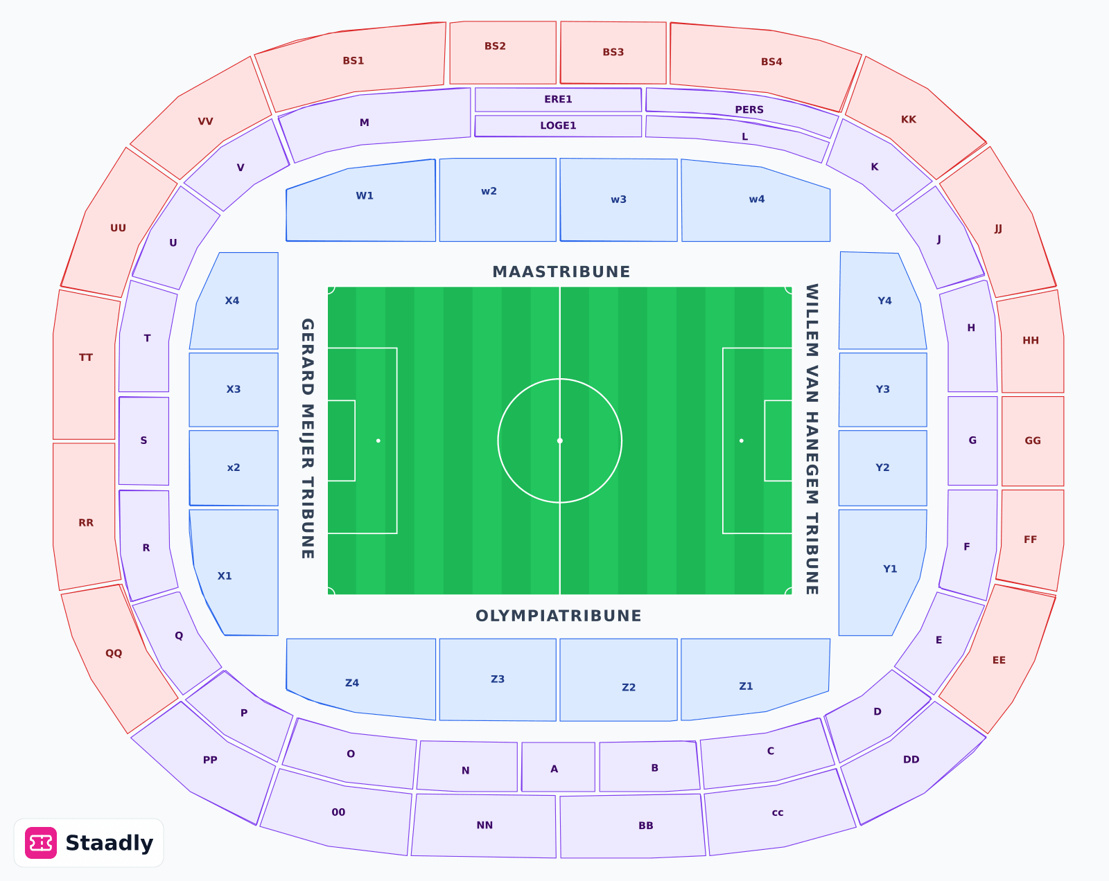 Feyenoord De Kuip seat layout and seating plan — colored sections, stands and tiers (Rotterdam)